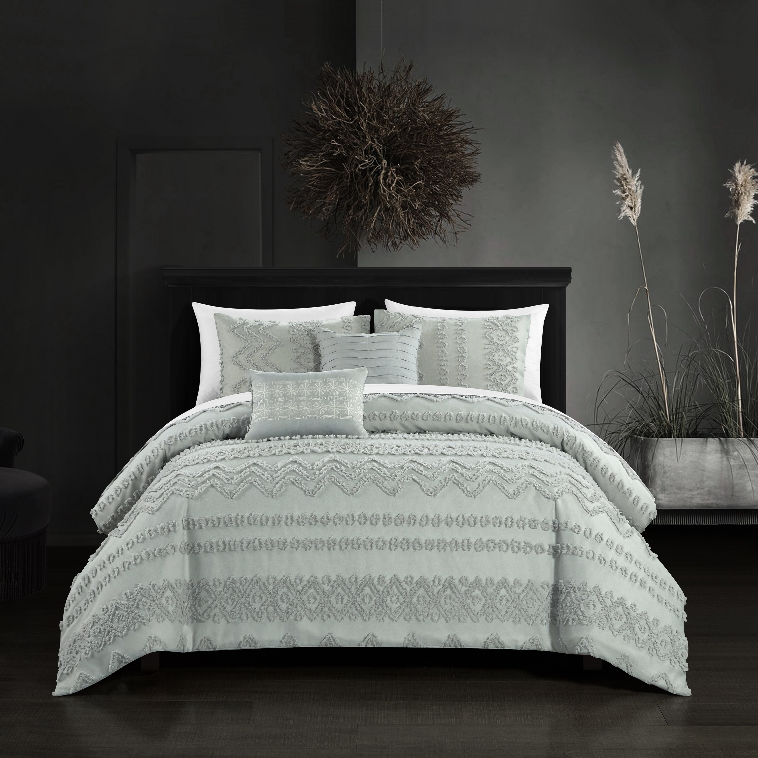 Jenson 5 Piece Comforter Set Jacquard Chevron Geometric Pattern Design Bedding - Grey, Queen