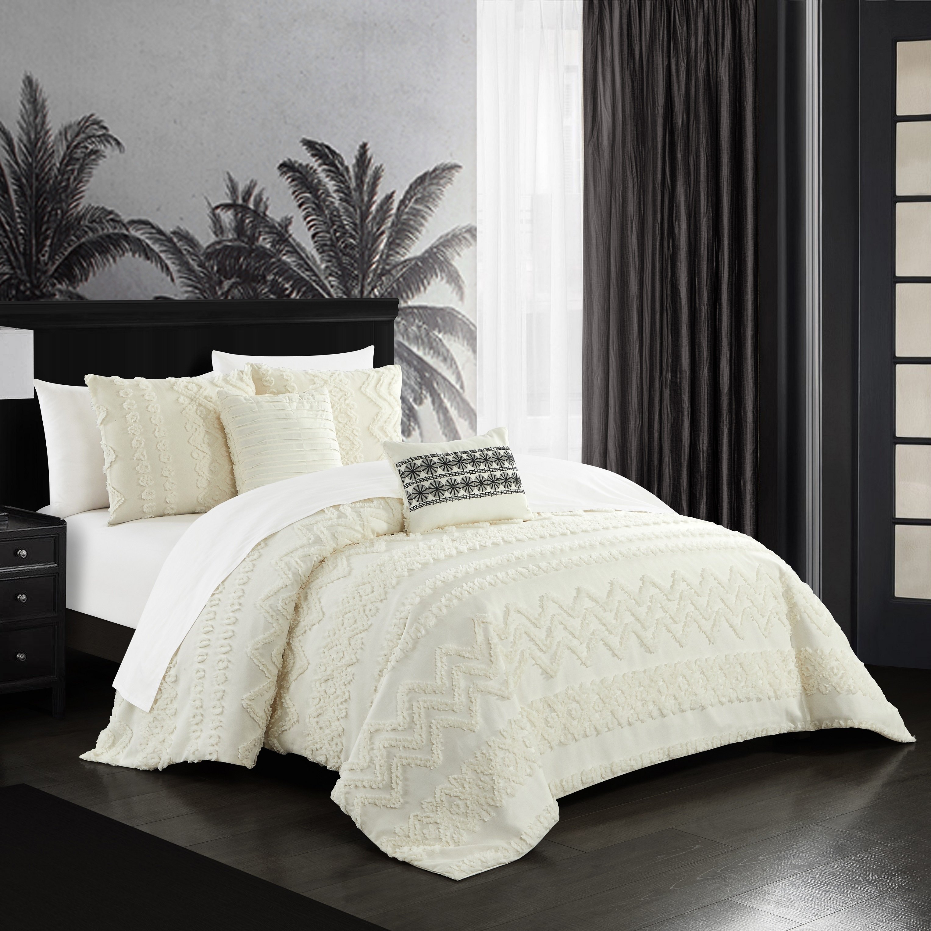 Jenson 5 Piece Comforter Set Jacquard Chevron Geometric Pattern Design Bedding - Grey, King