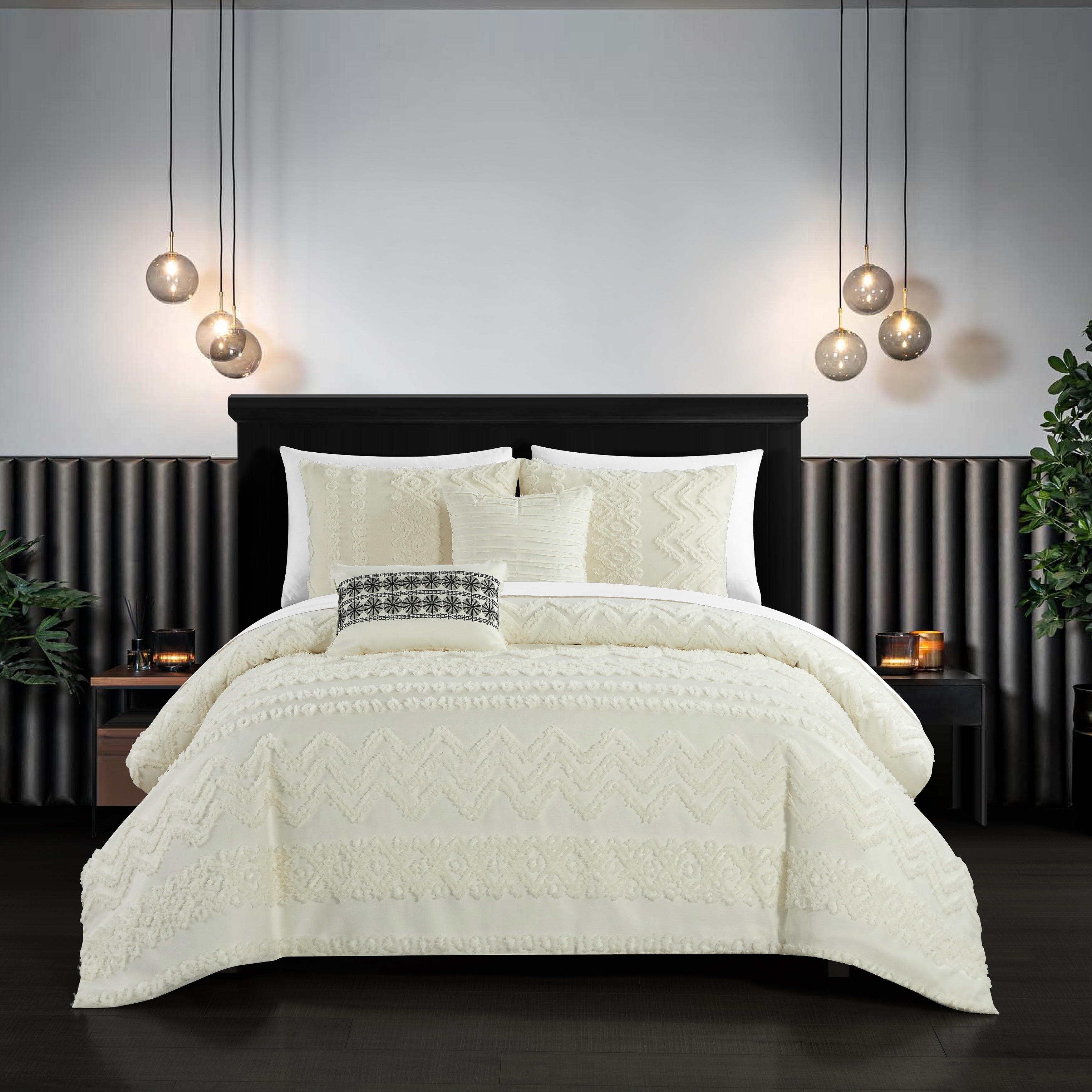 Jenson 5 Piece Comforter Set Jacquard Chevron Geometric Pattern Design Bedding - Beige, Queen