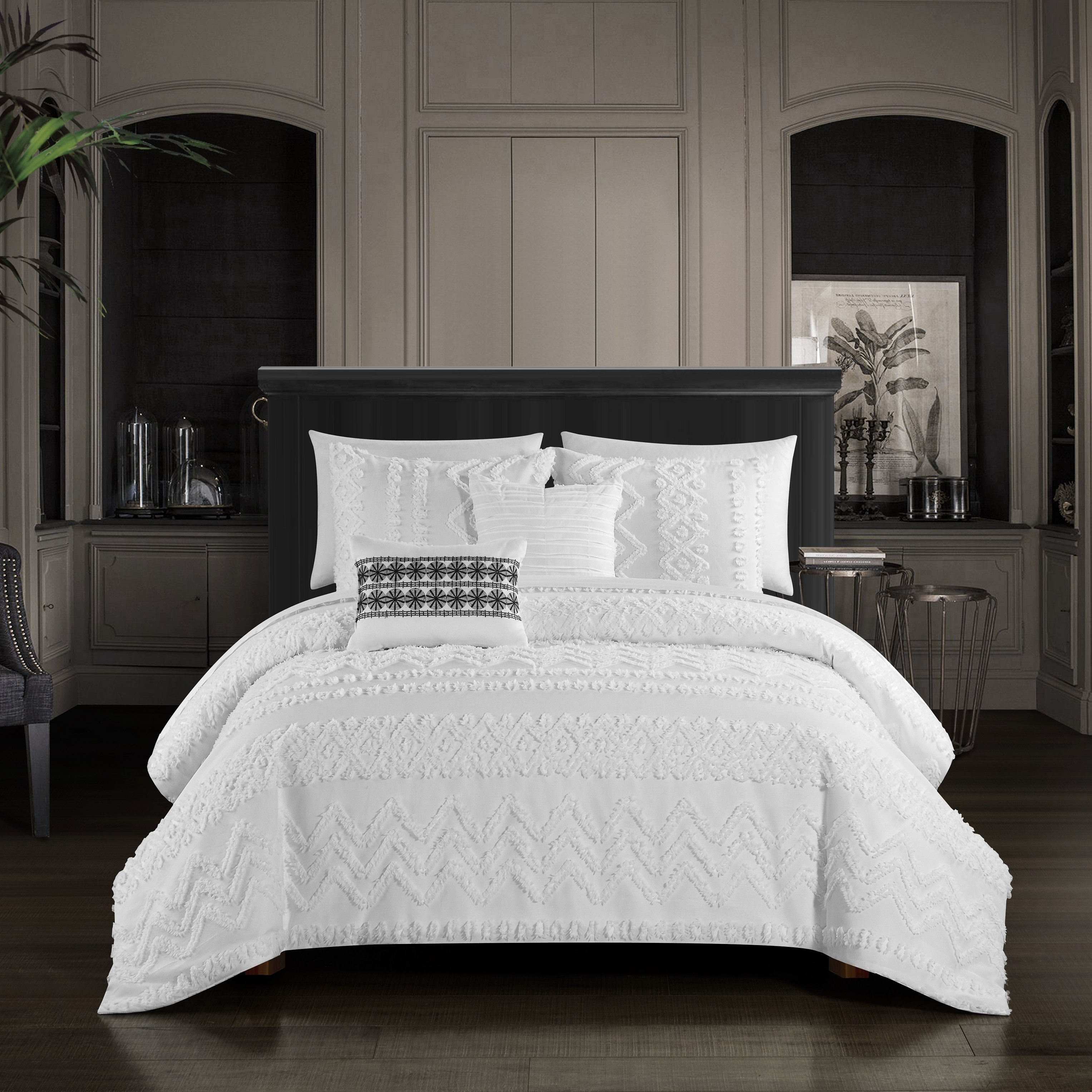 Jenson 5 Piece Comforter Set Jacquard Chevron Geometric Pattern Design Bedding - White, Queen