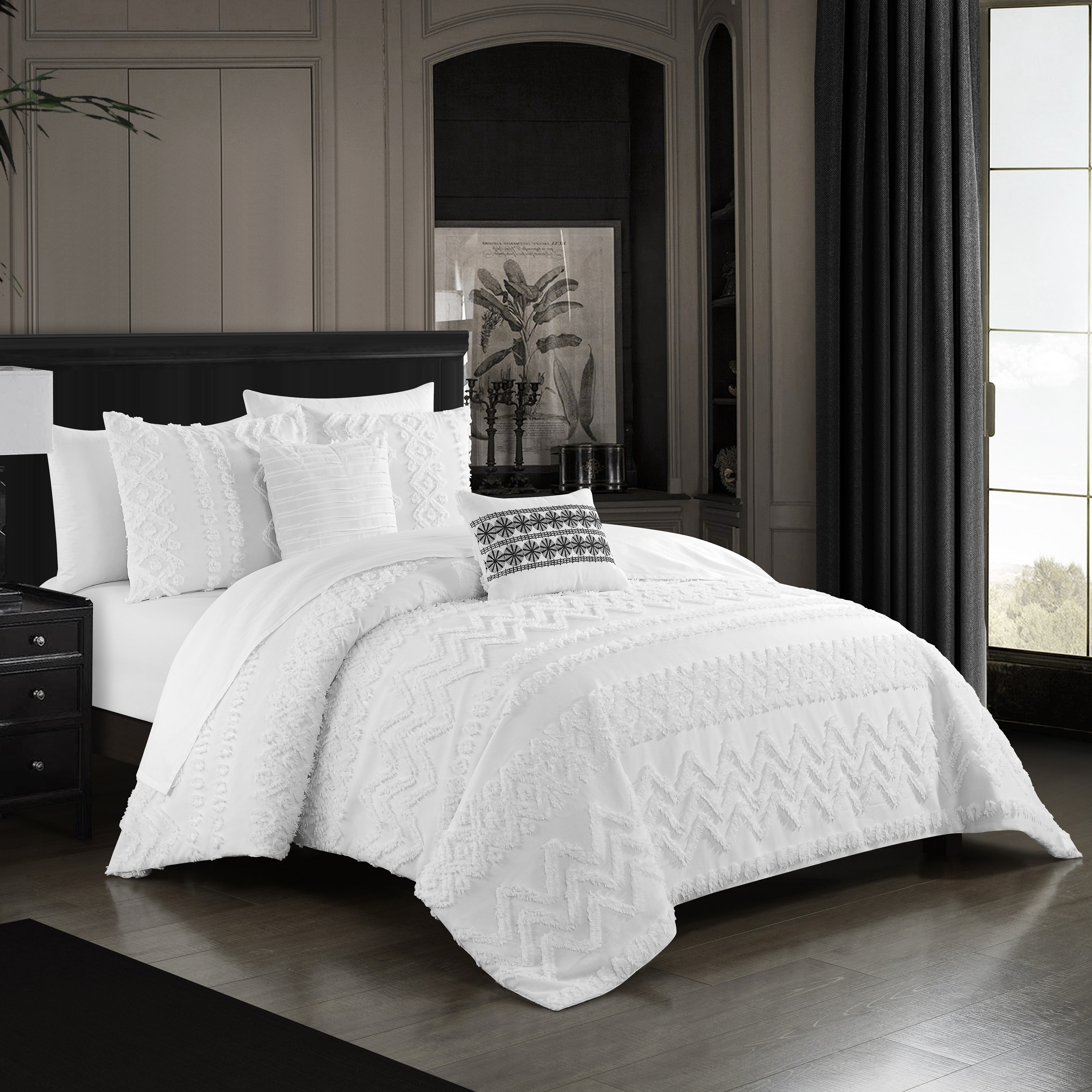 Jenson 5 Piece Comforter Set Jacquard Chevron Geometric Pattern Design Bedding - White, King