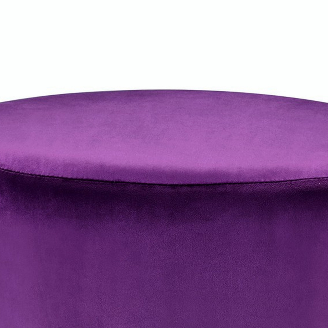 Fabric Upholstered Round Ottoman With Fringes And Metal Base, Purple- Saltoro Sherpi
