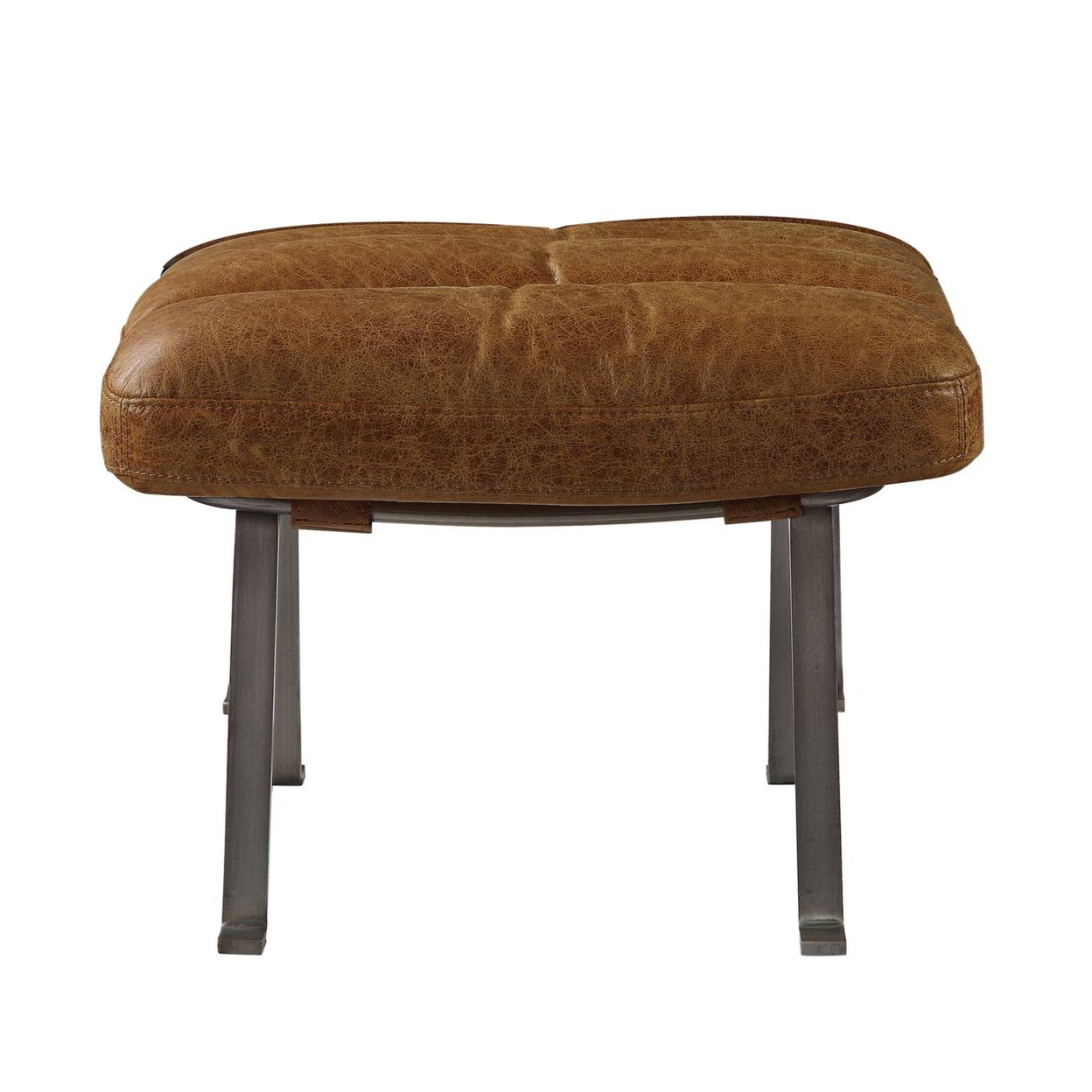 Horizontal Channel Tufted Ottoman With Angled Metal Legs, Brown And Silver- Saltoro Sherpi