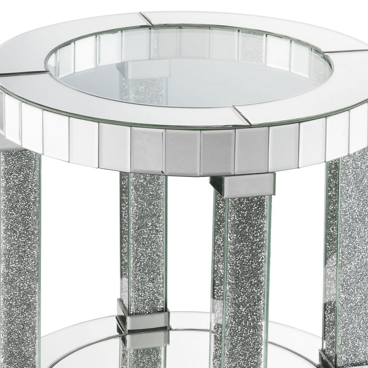 Round Mirrored Frame End Table With Faux Diamond And Bottom Shelf, Silver- Saltoro Sherpi