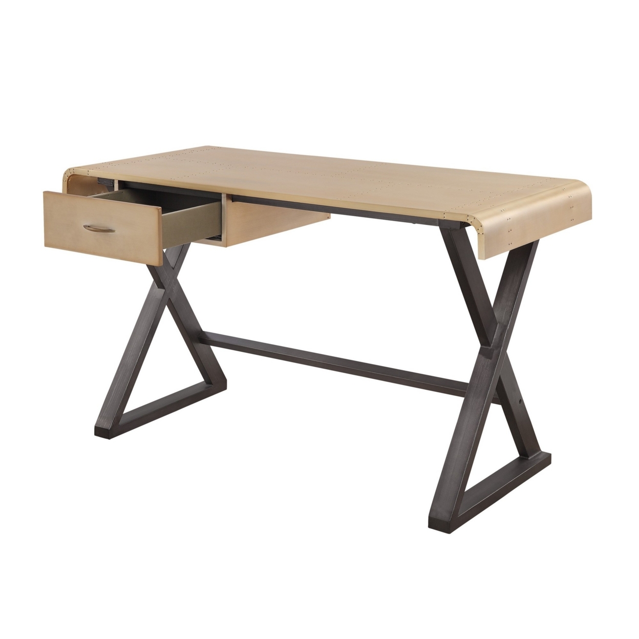 Aluminum Patchwork Rectangular Desk With X Trestle Base, Gold And Black- Saltoro Sherpi