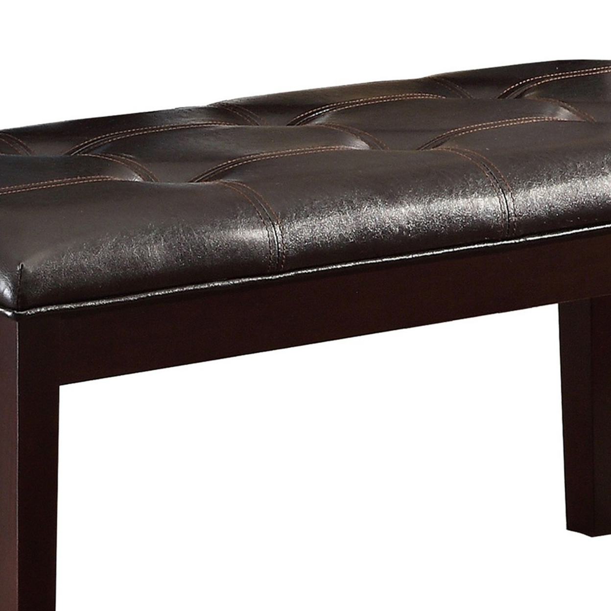 Button Tufted Faux Leather Upholstered Wooden Bench, Espresso Brown- Saltoro Sherpi