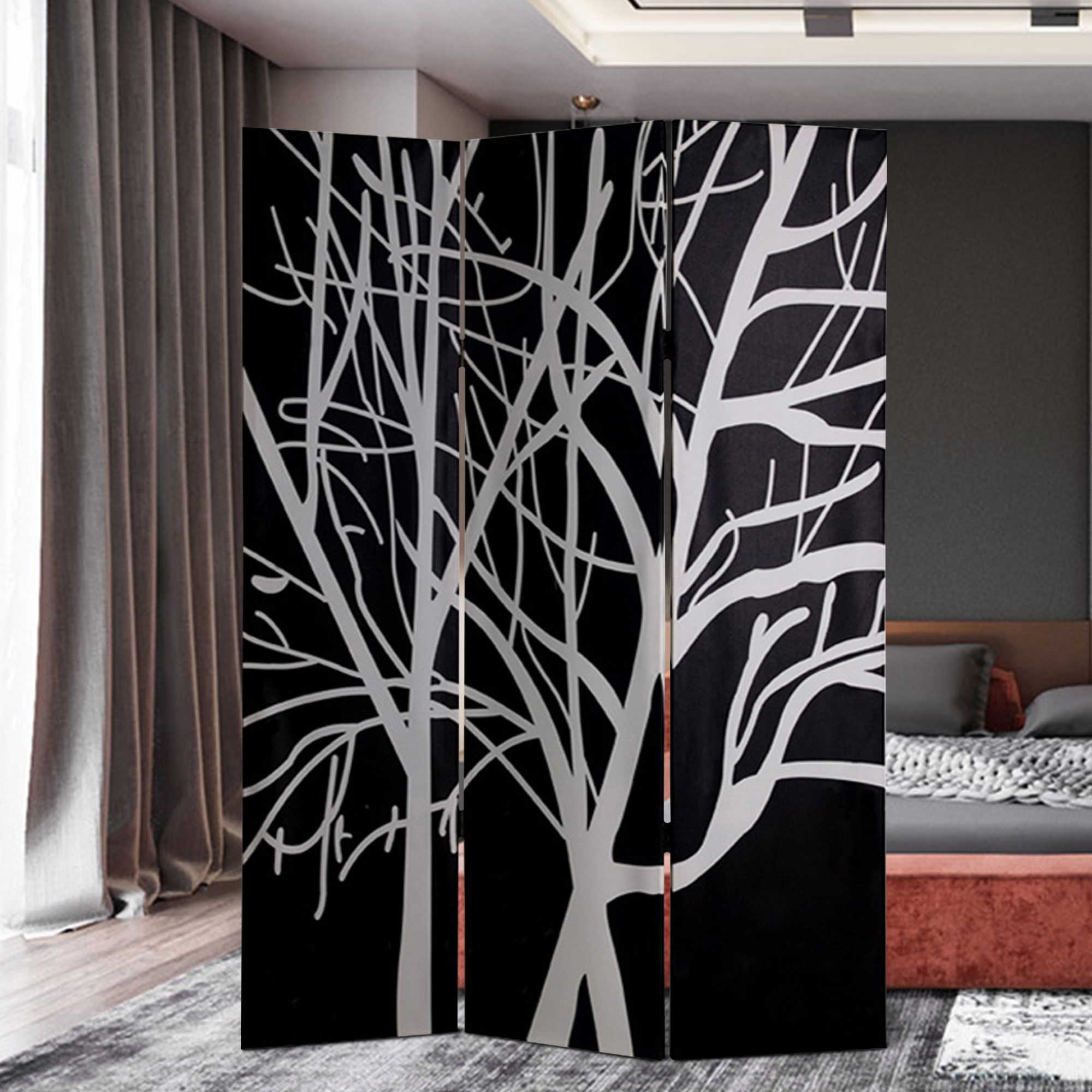 3 Panel Canvas Room Divider With Branch Pattern, Black And White- Saltoro Sherpi