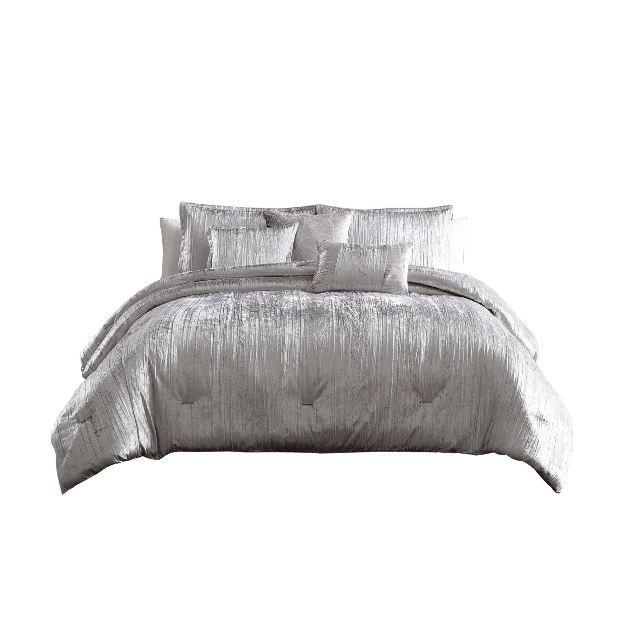 Queen Size 7 Piece Fabric Comforter Set With Crinkle Texture, Silver- Saltoro Sherpi