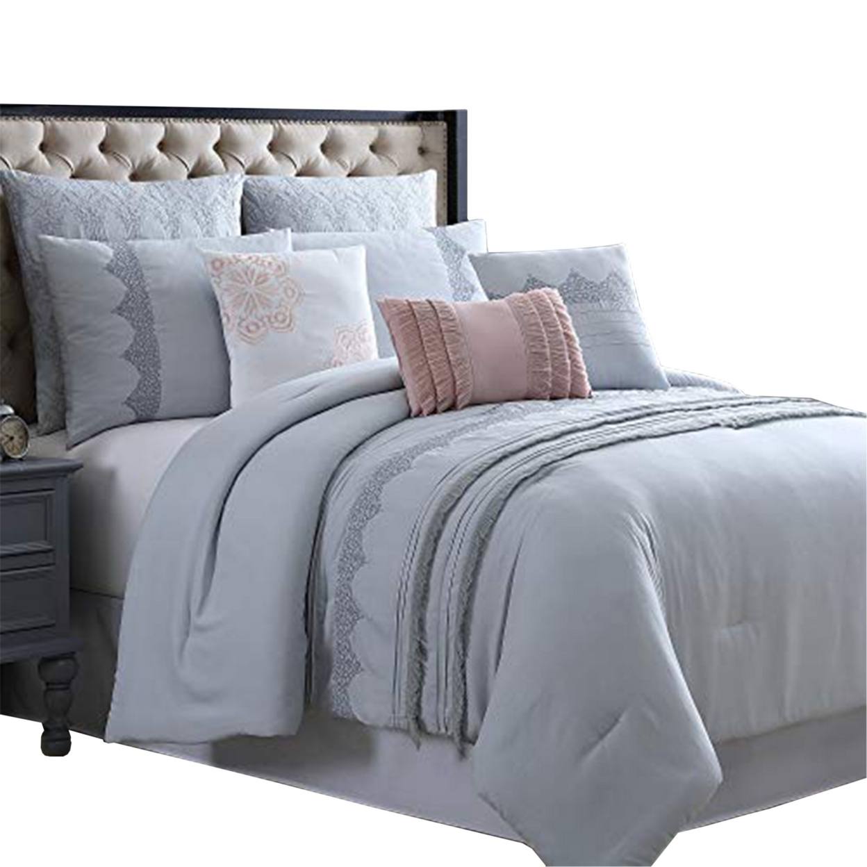 Valletta 8 Piece King Comforter Set With Embroidery And Pleats The Urban Port, Gray- Saltoro Sherpi
