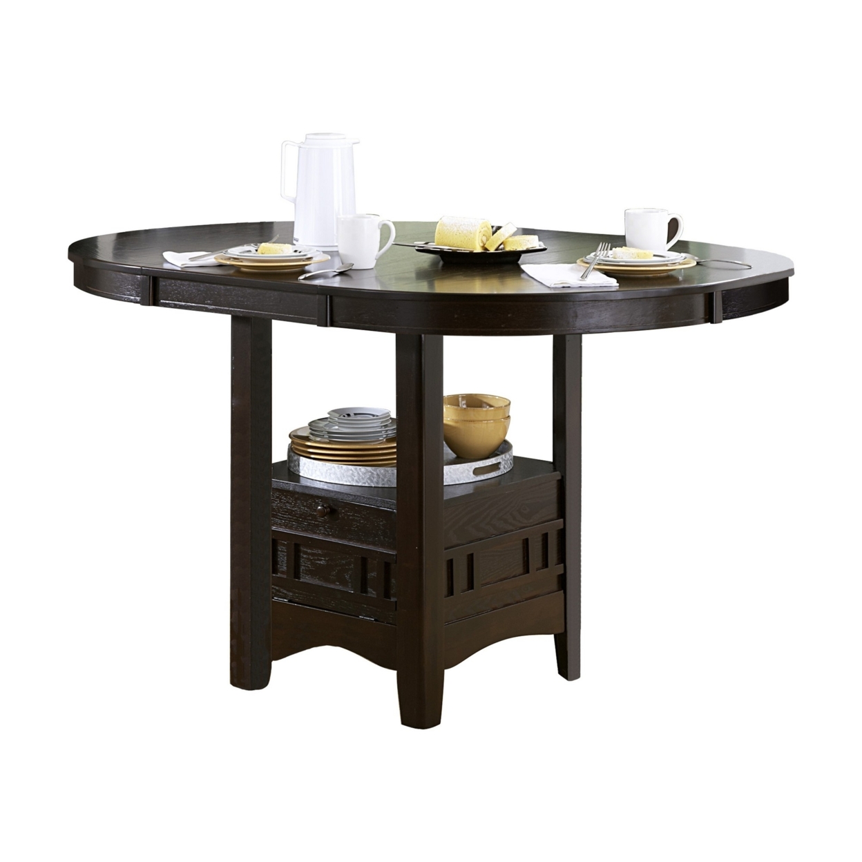 Oval Wooden Counter Height Table With Extension Leaf And Open Shelf, Brown- Saltoro Sherpi