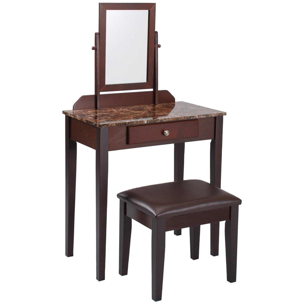 Wood And Faux Leather Vanity Set With Faux Marble Top, Brown- Saltoro Sherpi