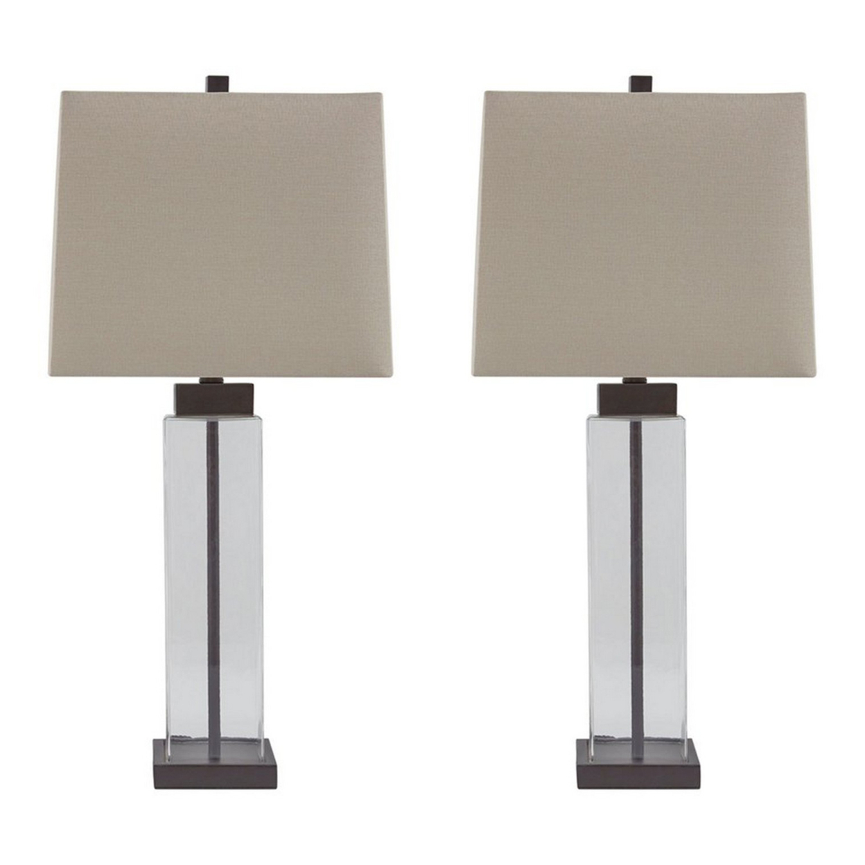 Glass and Metal Base Table Lamp with Square Shade, Set of 2, Clear and Gray- Saltoro Sherpi
