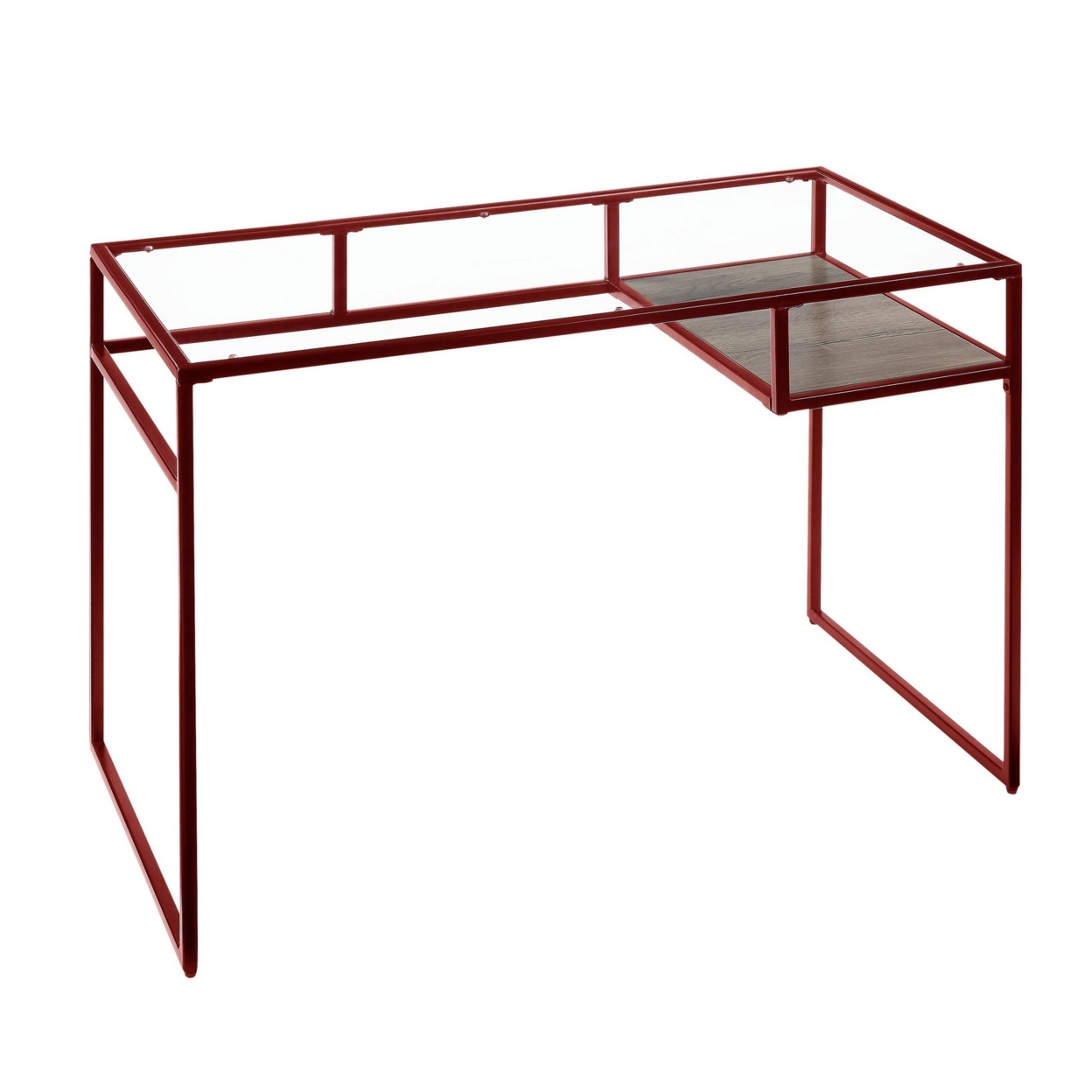 Rectangular Glass Top Desk With Open Compartment And Sled Base, Red- Saltoro Sherpi