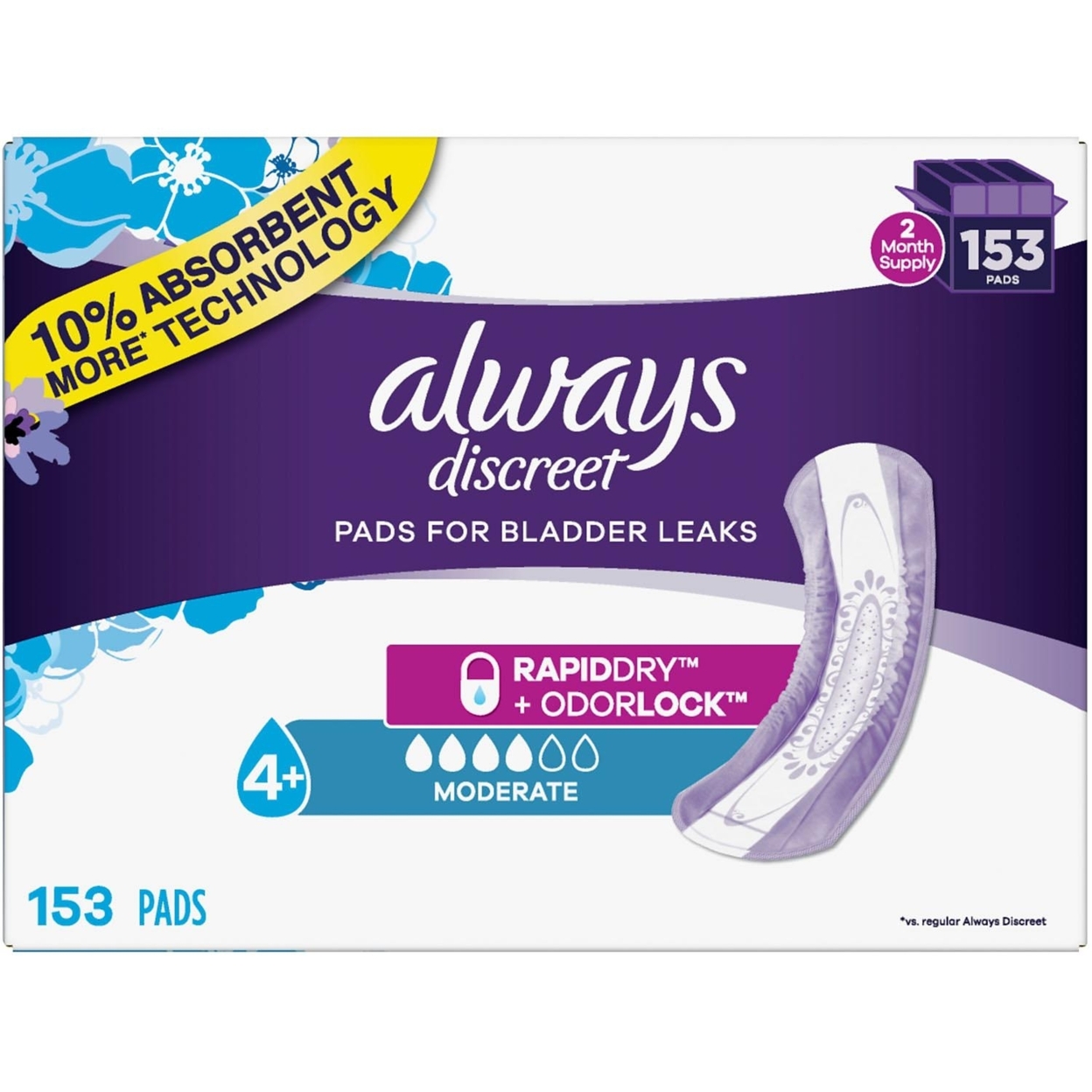 Always Discreet Incontinence Pads, Moderate Absorbency (153 Count)