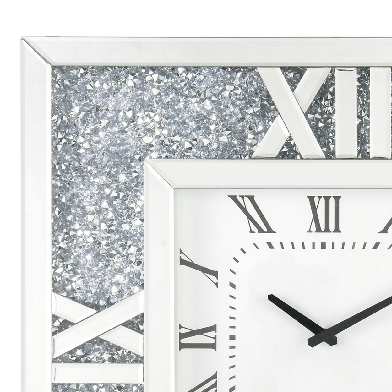 Square Mirror Panel Frame Wall Clock With Faux Diamond, Silver- Saltoro Sherpi