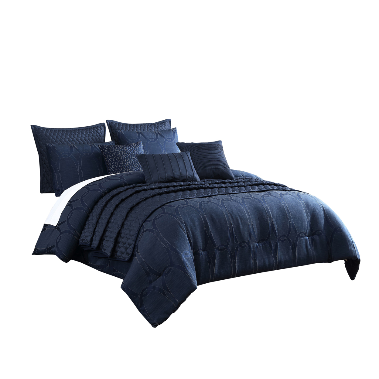 10 Piece King Polyester Comforter Set With Geometric Oblong Print, Dark Blue- Saltoro Sherpi