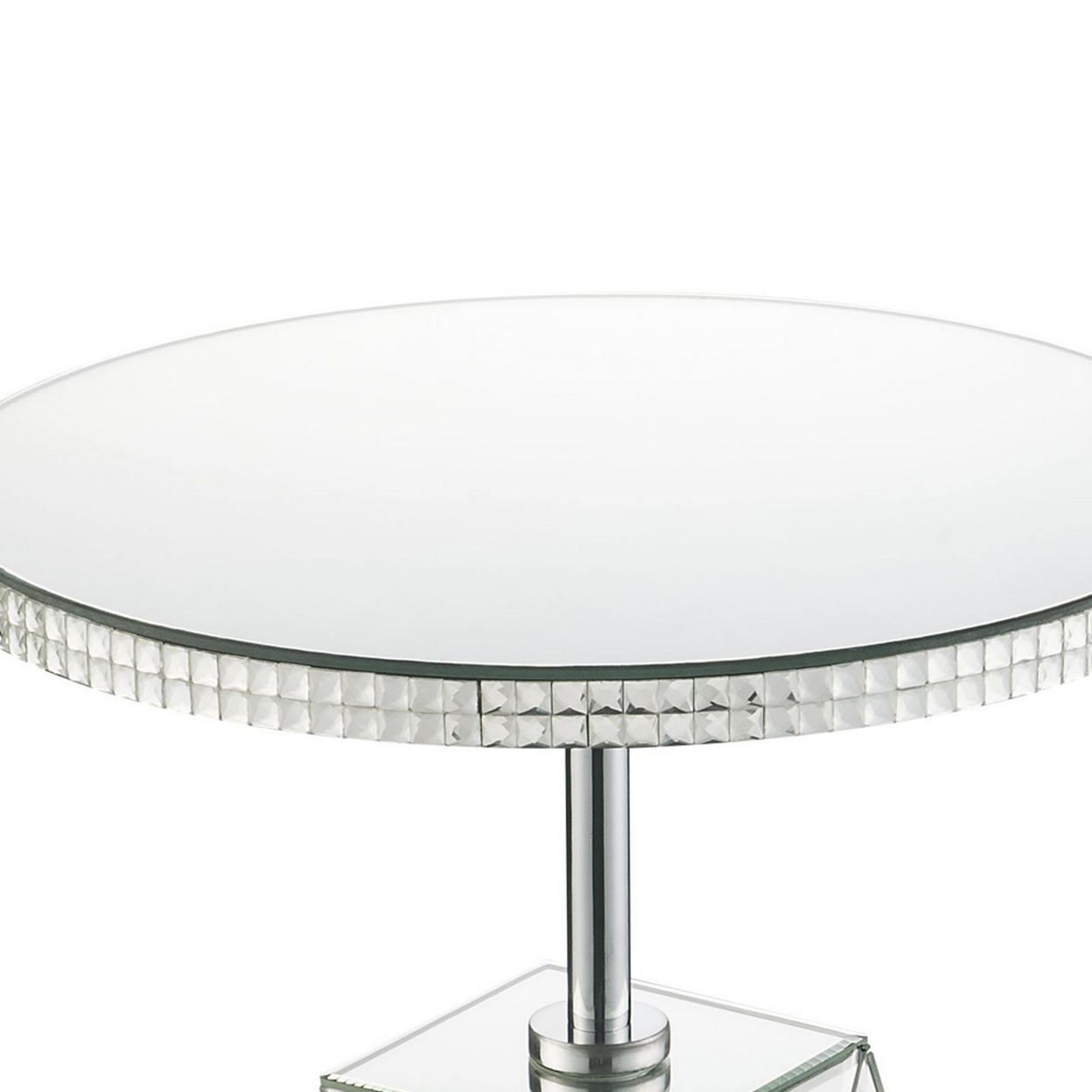 Round Mirrored Accent Table With Pedestal Base And Glass Top, Silver- Saltoro Sherpi