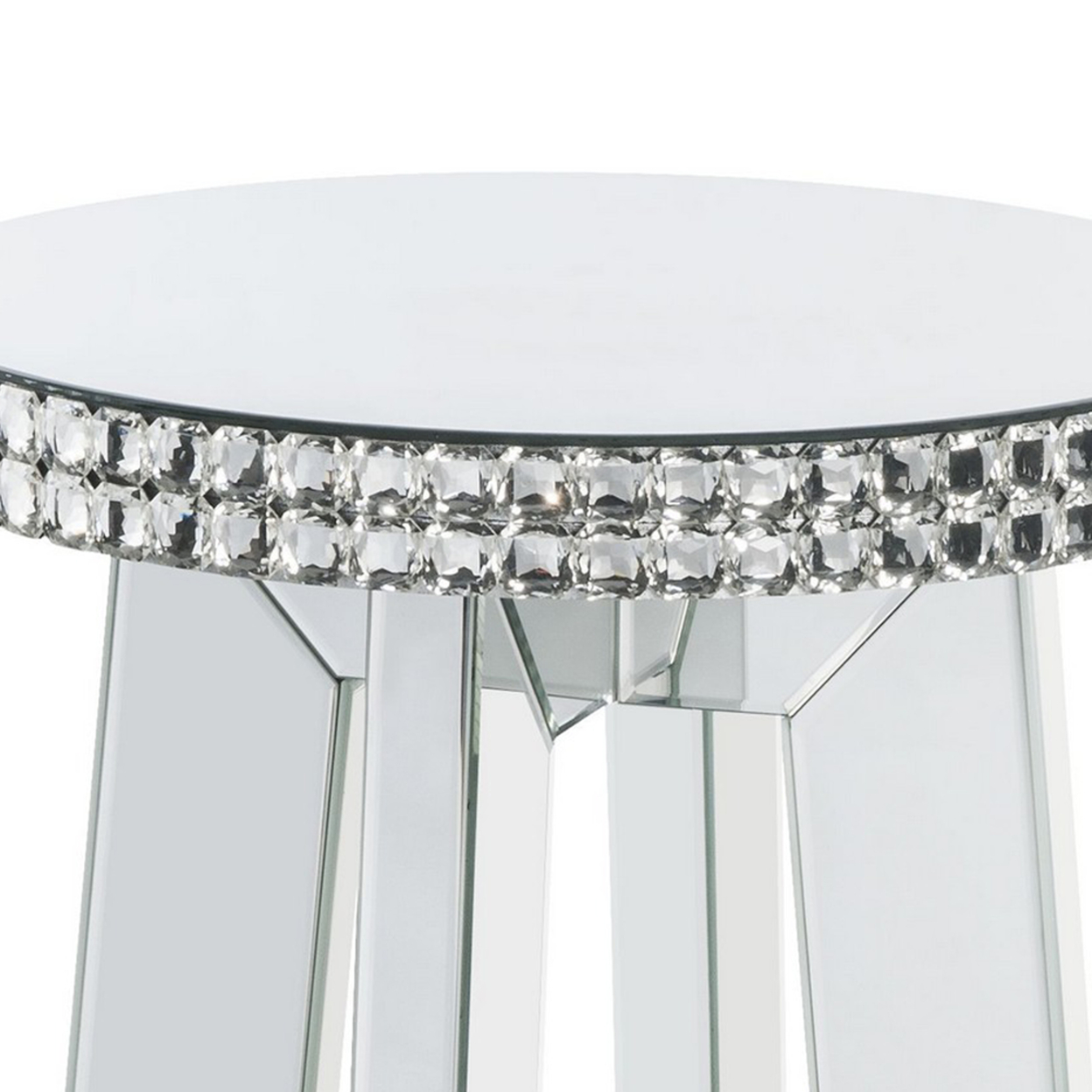 Round Mirror Panel Inlay End Table With Faux Crystals Accents, Silver- Saltoro Sherpi