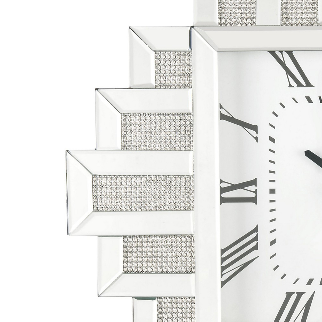 Irregular Mirror Frame Wall Clock With Crushed Faux Diamond Inlay, Silver- Saltoro Sherpi