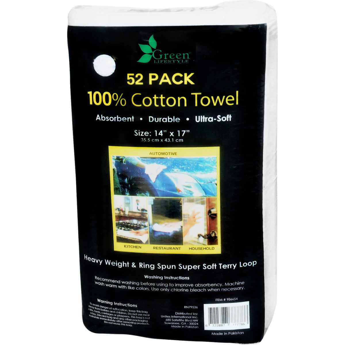Unitex 100% Cotton Towel, White, 14 In X 17 In, 52-count