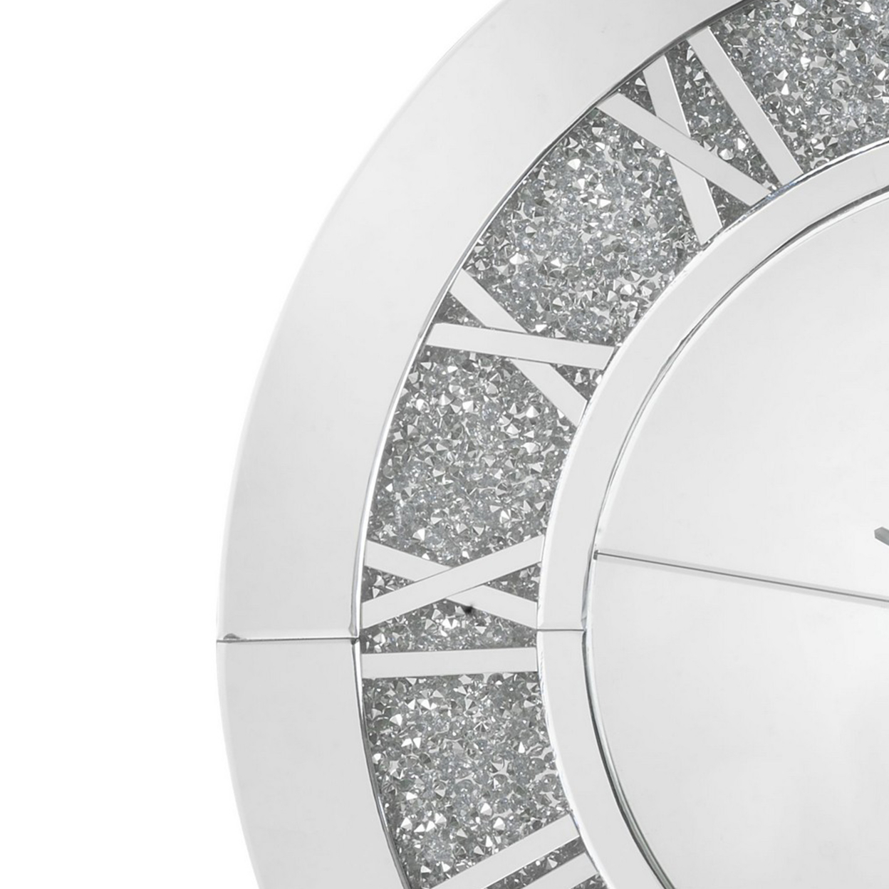 Round Beveled Mirror Frame Wall Clock With Faux Diamond Inlay, Silver- Saltoro Sherpi