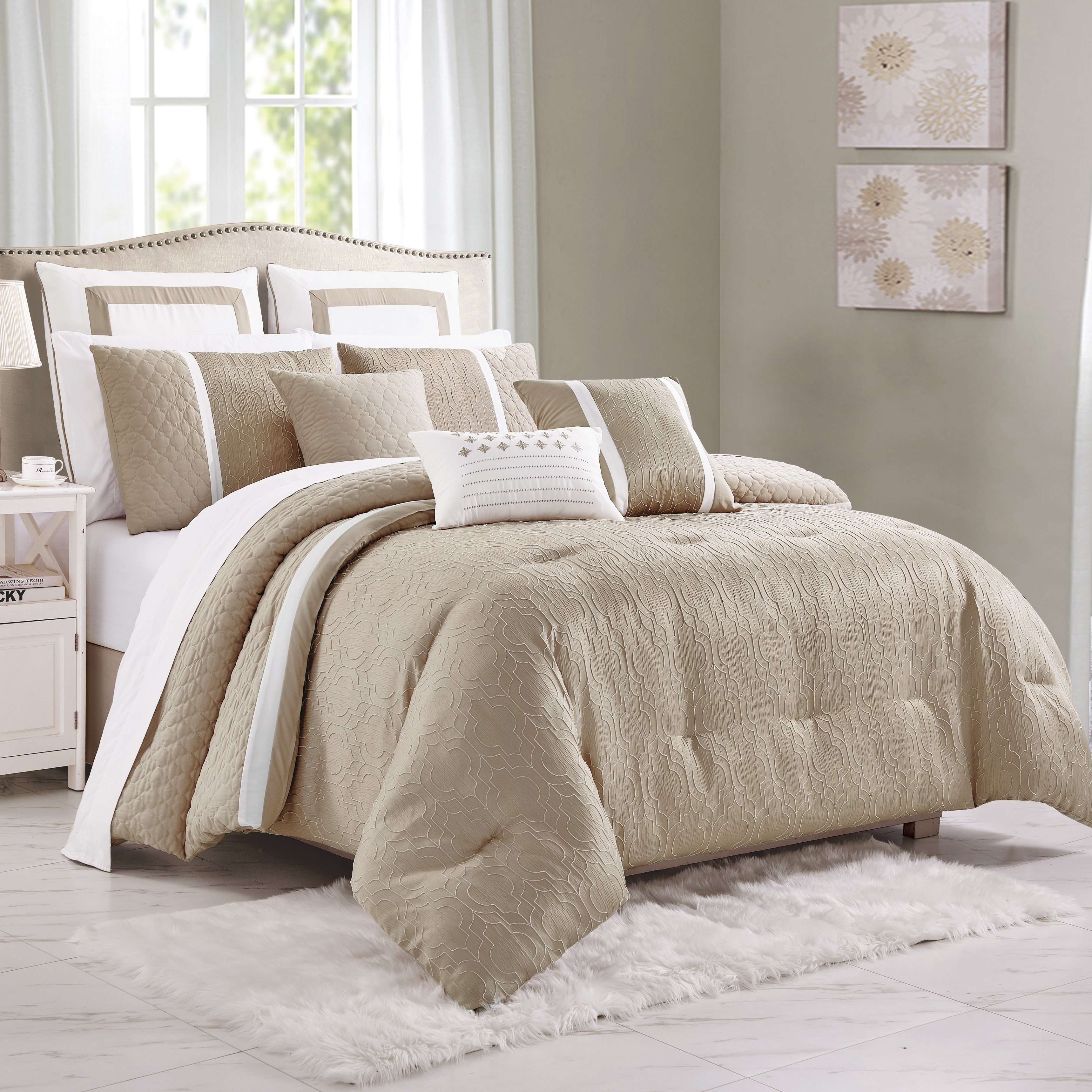 Arlow 8 Piece Comforter Set Jacquard Geometric Quilted Pattern Design Bedding - Beige, Queen