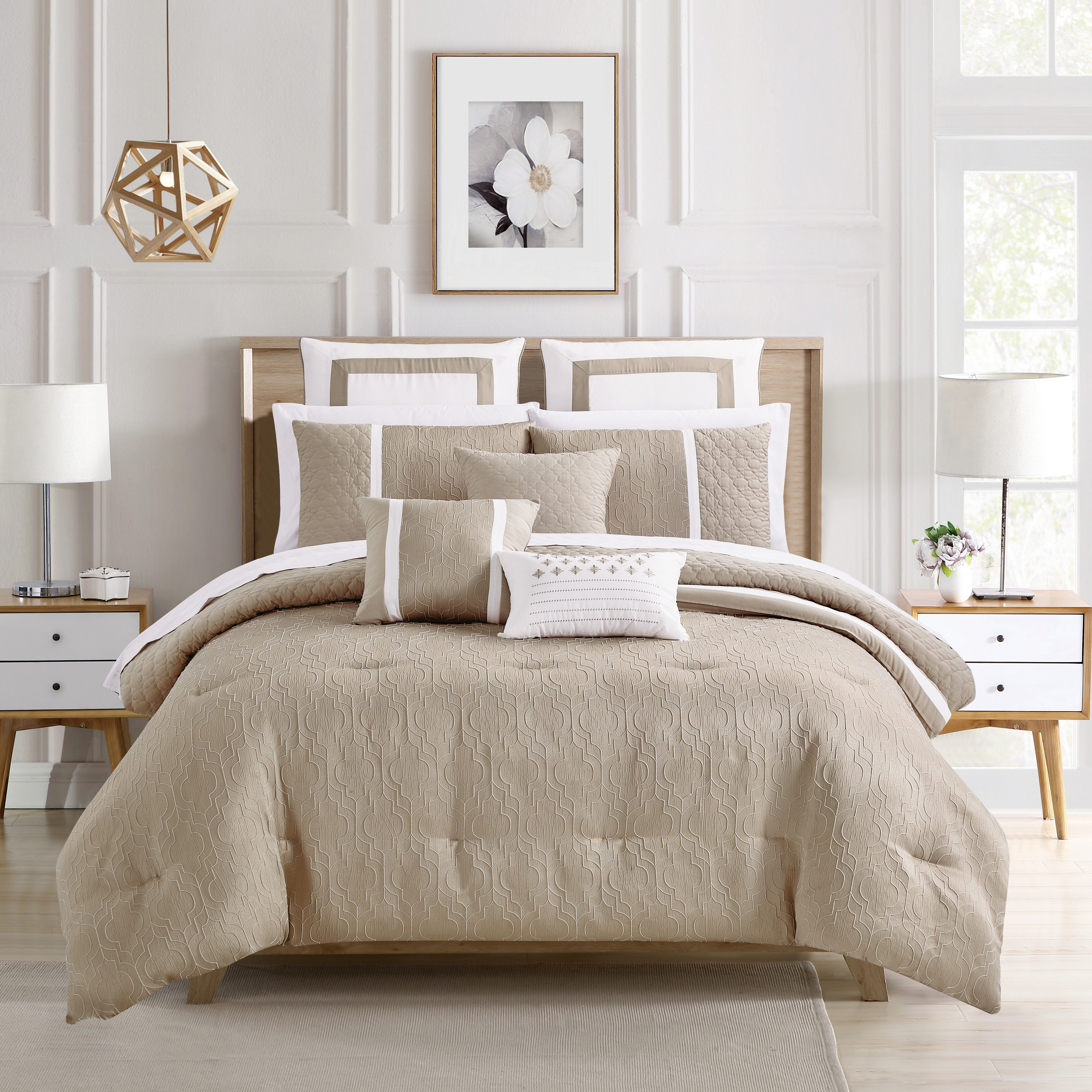 Arlow 8 Piece Comforter Set Jacquard Geometric Quilted Pattern Design Bedding - Beige, King