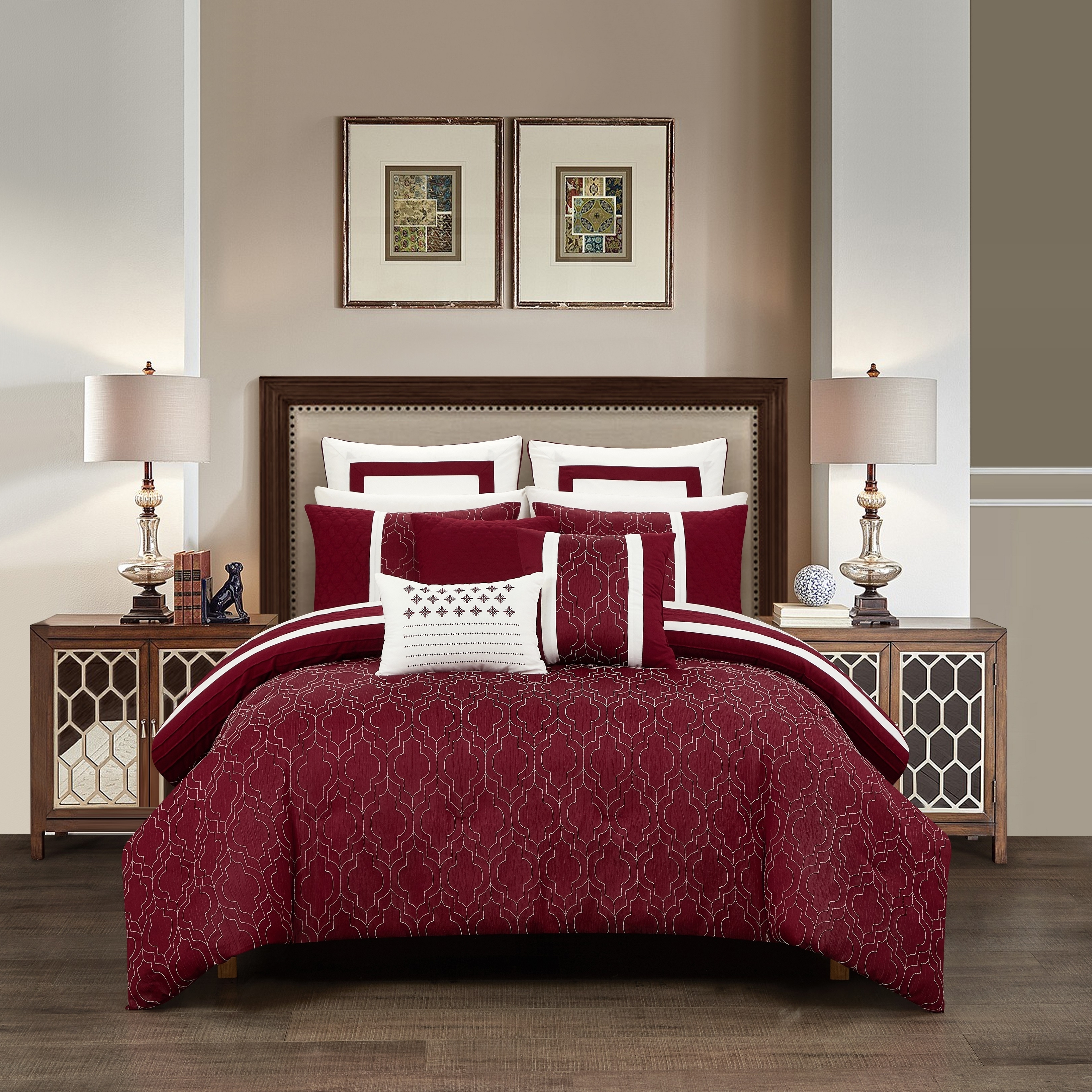 Arlow 8 Piece Comforter Set Jacquard Geometric Quilted Pattern Design Bedding - Berry, King
