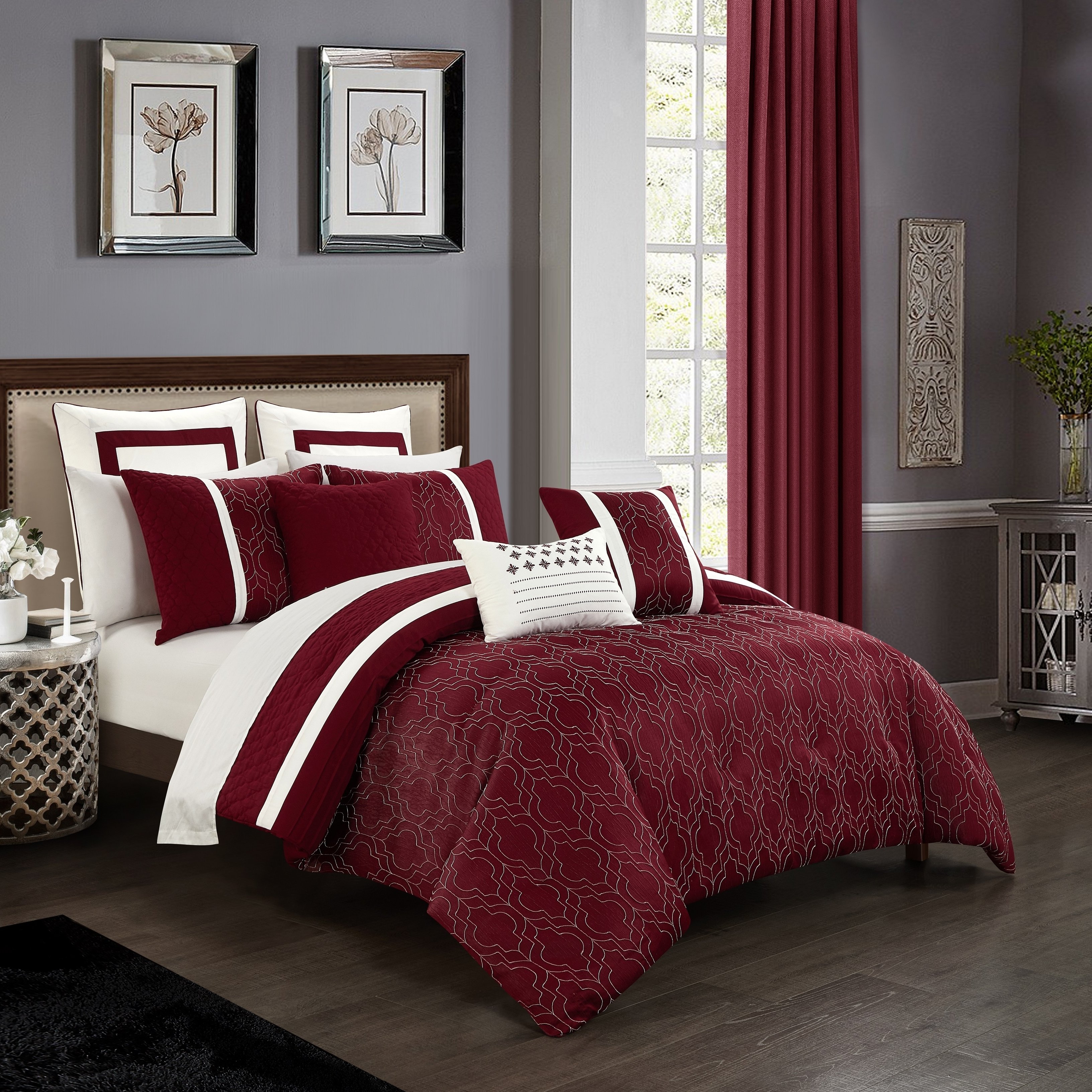 Arlow 8 Piece Comforter Set Jacquard Geometric Quilted Pattern Design Bedding - Berry, Queen