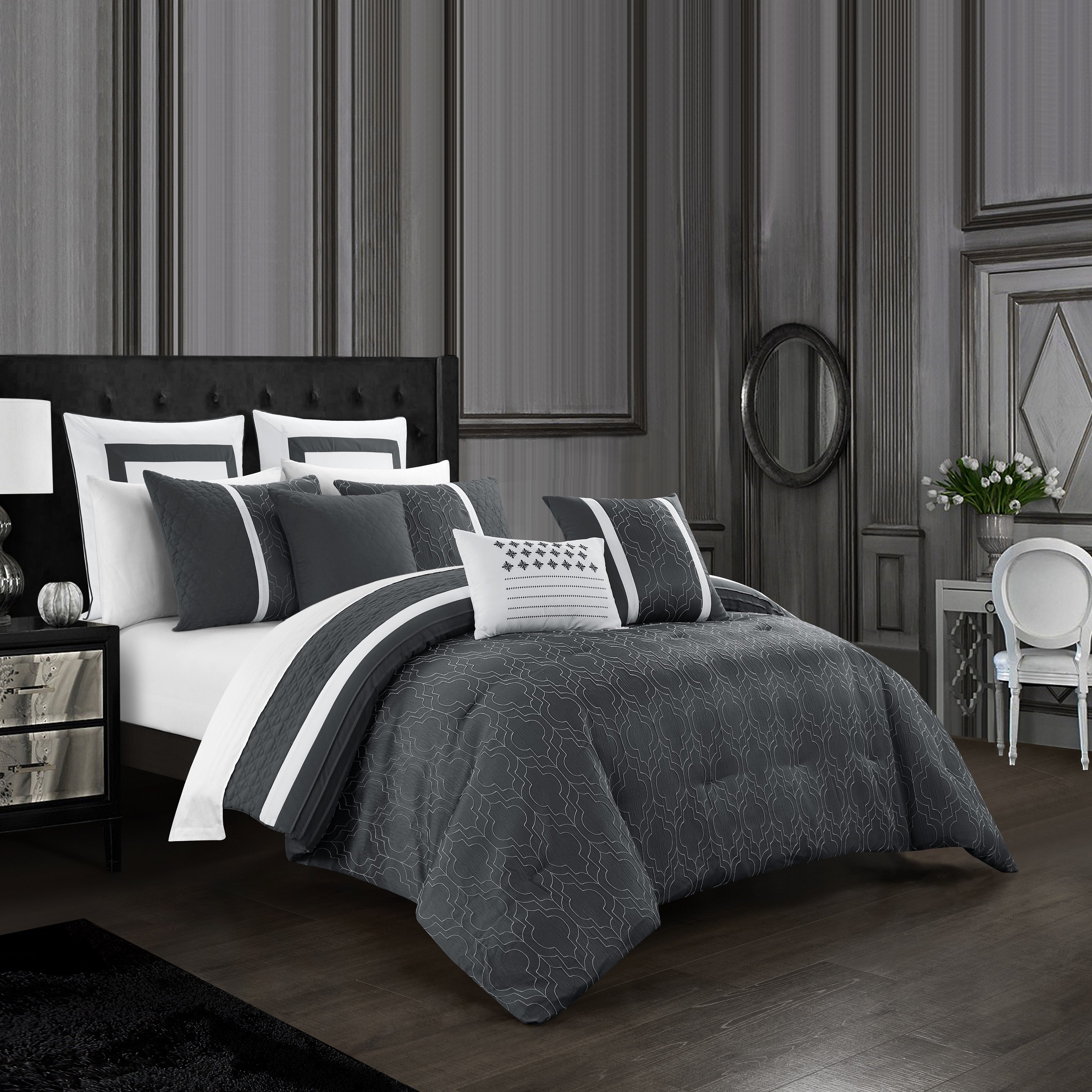 Arlow 8 Piece Comforter Set Jacquard Geometric Quilted Pattern Design Bedding - Grey, Queen