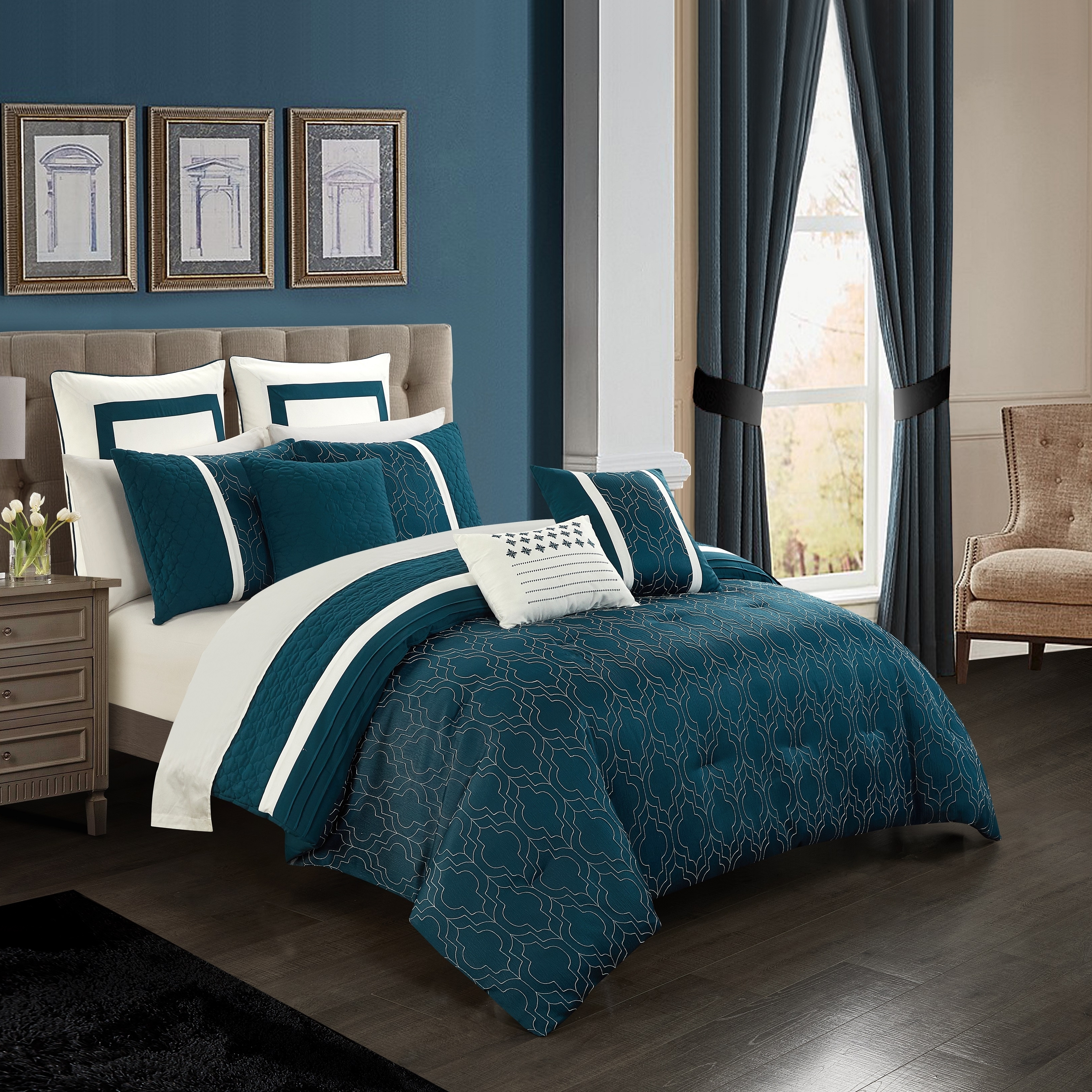 Arlow 8 Piece Comforter Set Jacquard Geometric Quilted Pattern Design Bedding - Teal, Queen