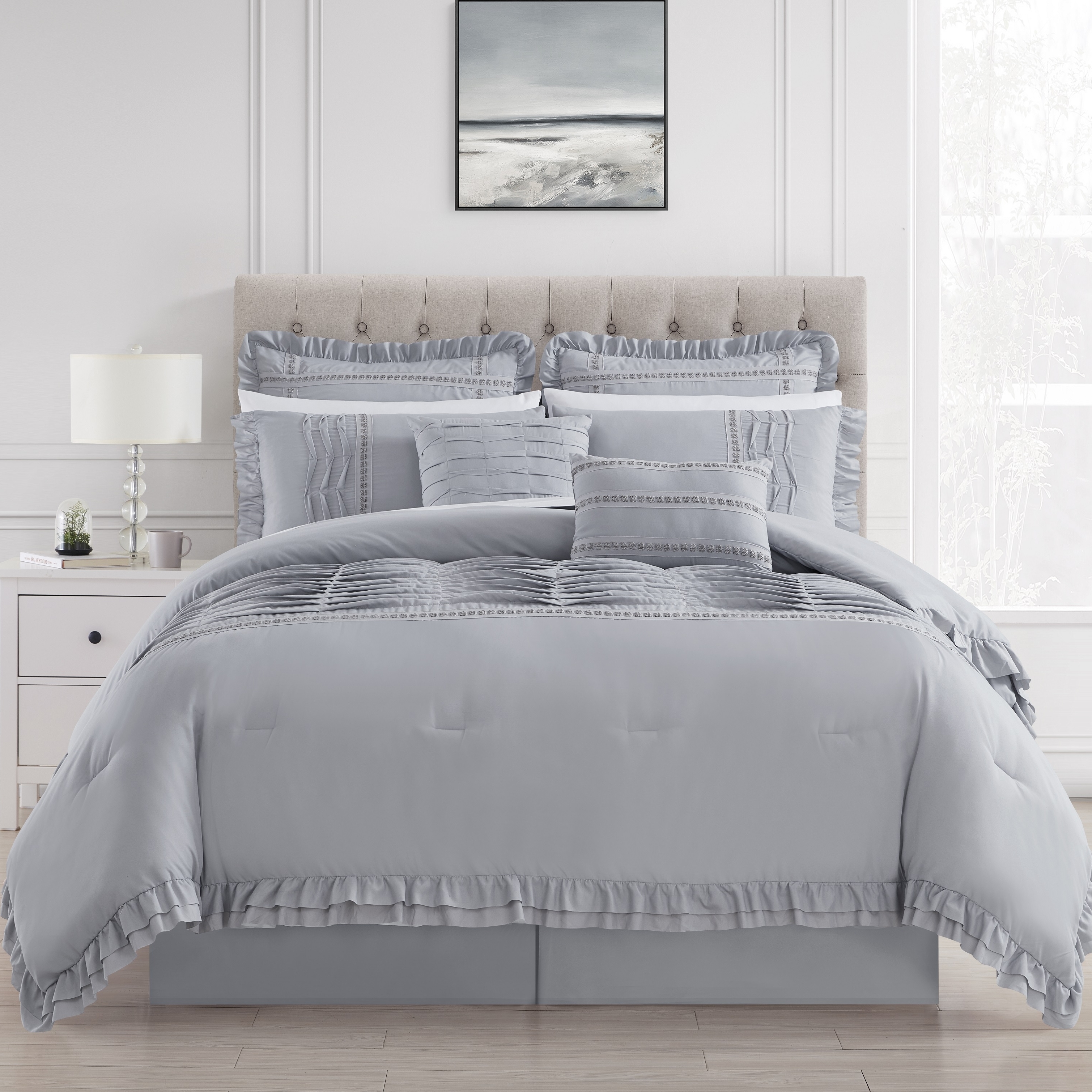 Yvonna 8 Piece Comforter Set Ruffled Pleated Flange Border Design Bedding - Beige, Queen