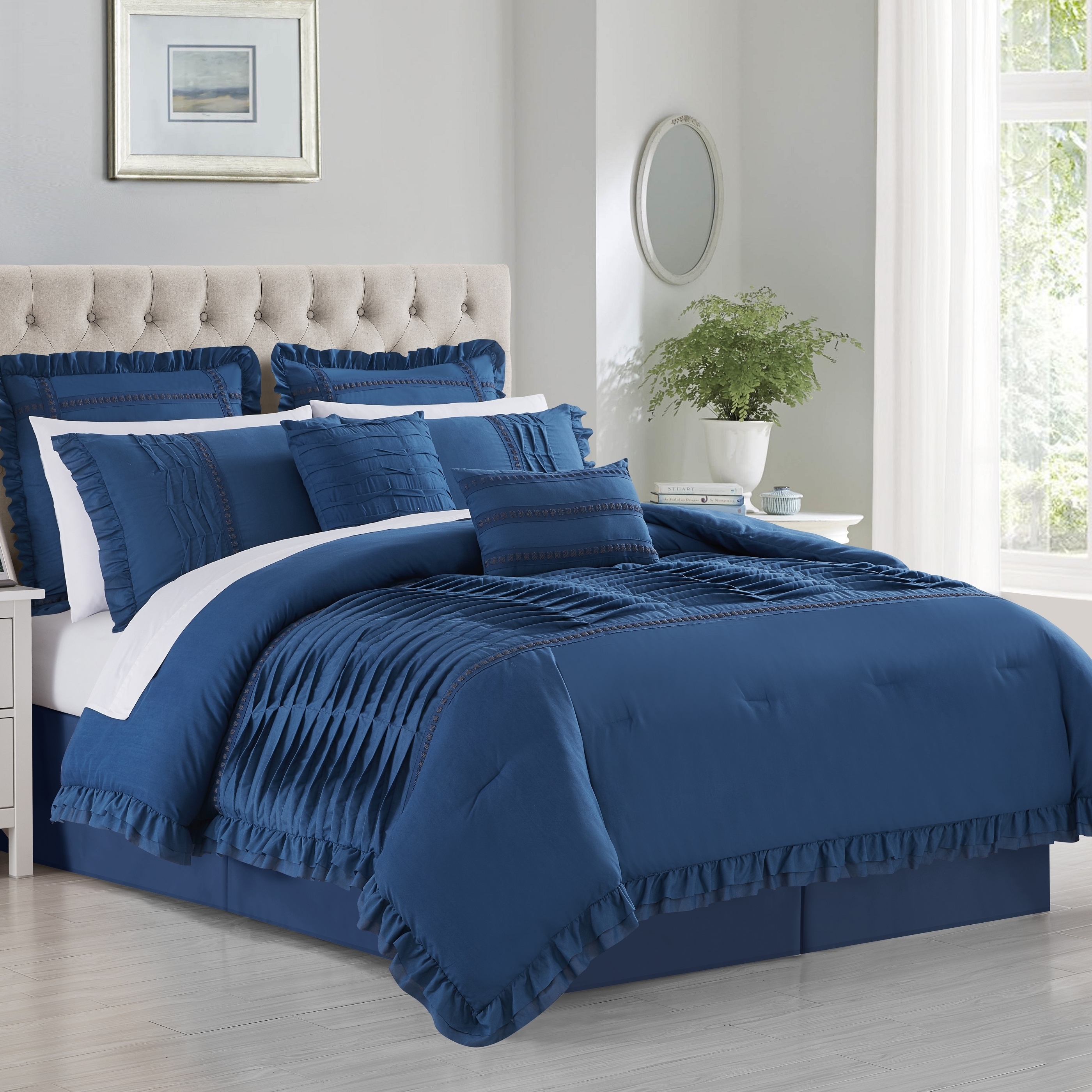 Yvonna 8 Piece Comforter Set Ruffled Pleated Flange Border Design Bedding - Blue, Queen