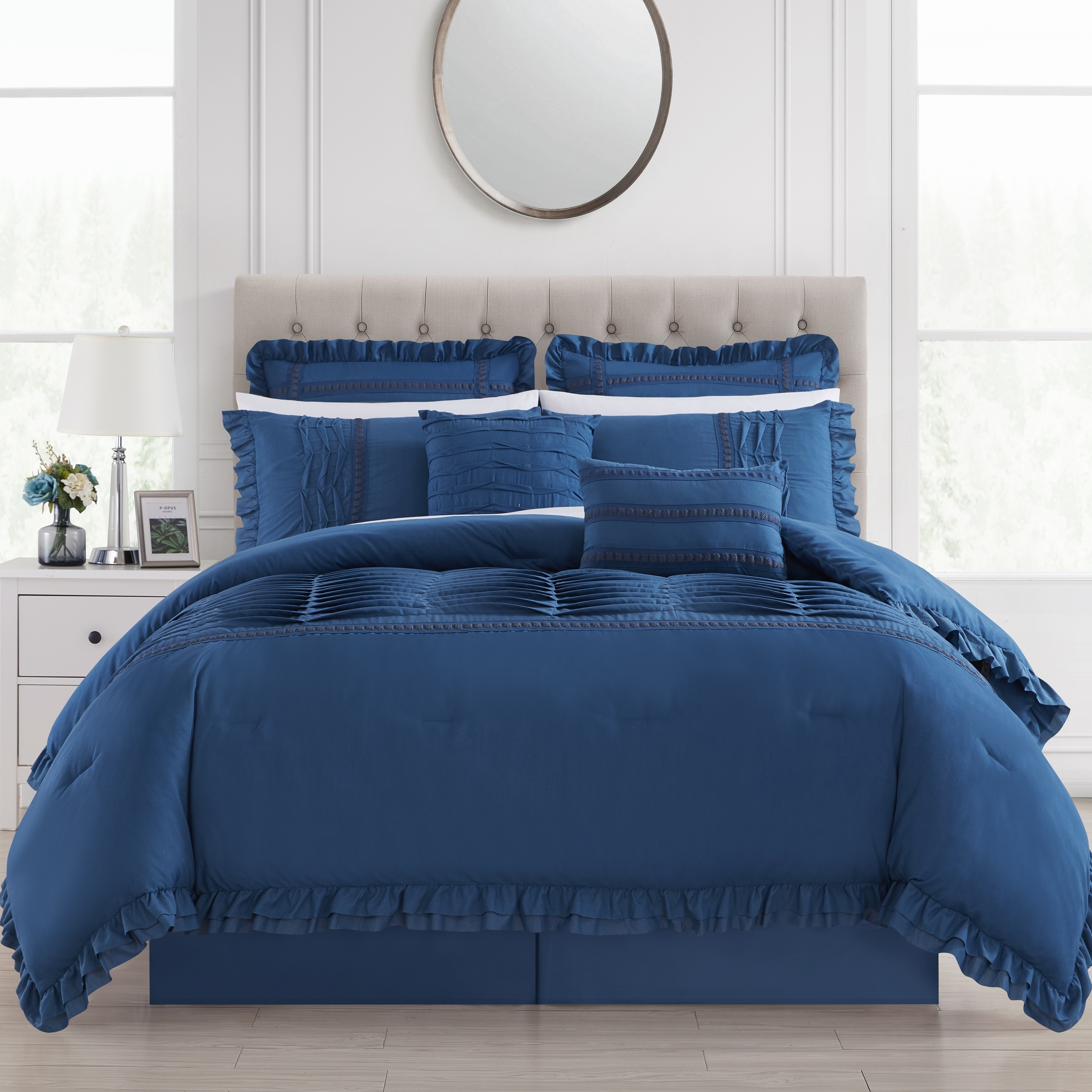 Yvonna 8 Piece Comforter Set Ruffled Pleated Flange Border Design Bedding - Blue, King