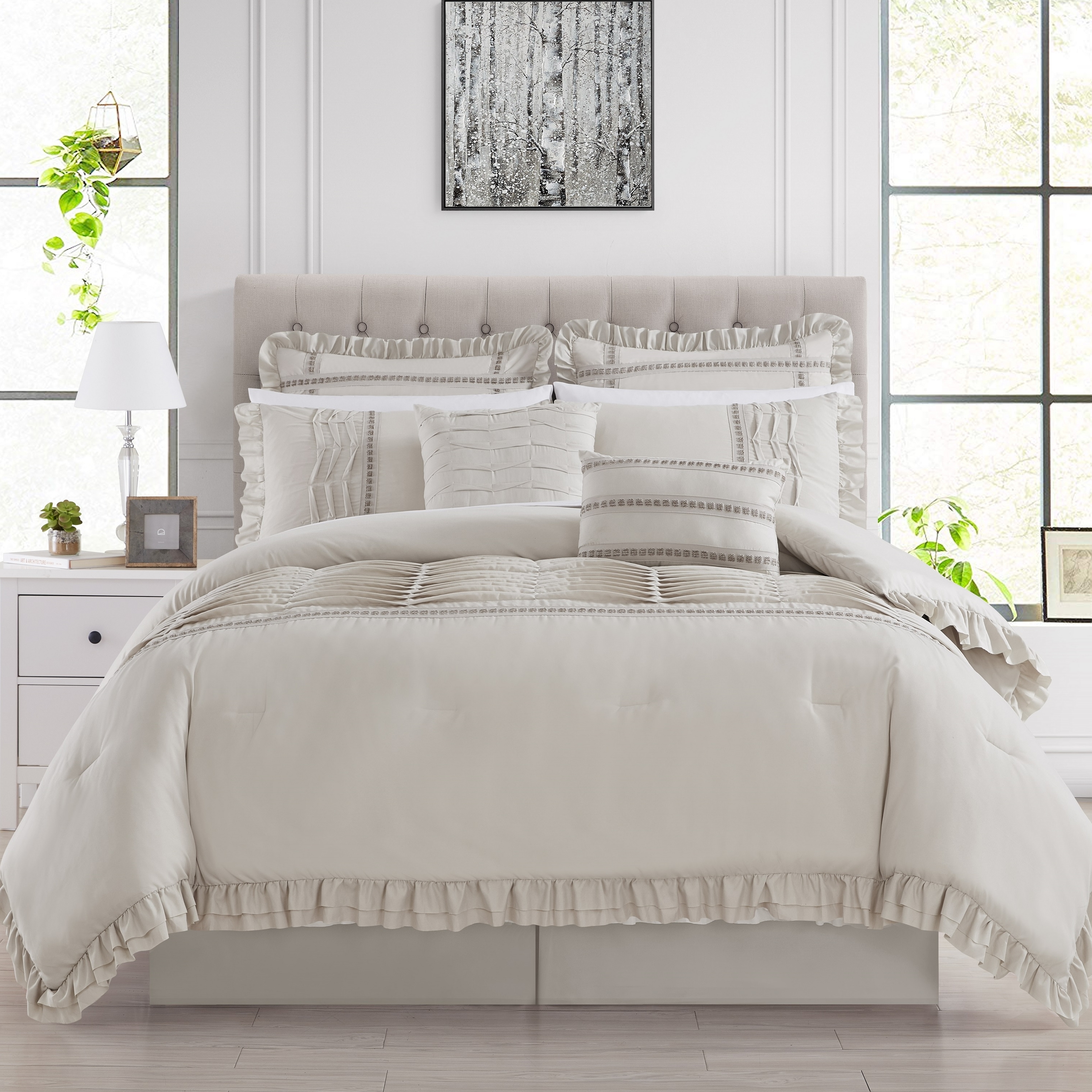 Yvonna 8 Piece Comforter Set Ruffled Pleated Flange Border Design Bedding - Beige, King