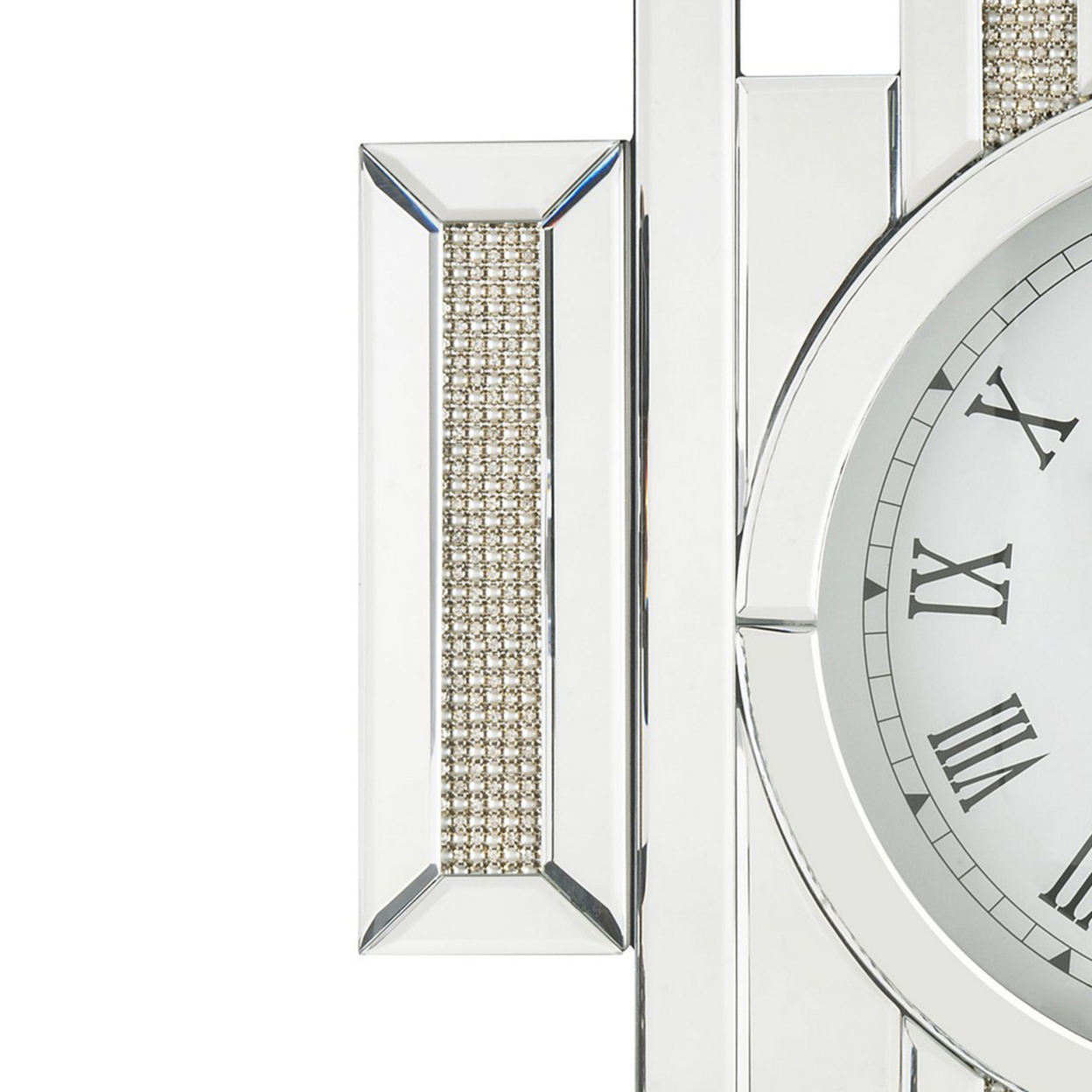 Irregular Mirror Panel Frame Wall Clock With Faux Diamond Inlay, Silver- Saltoro Sherpi