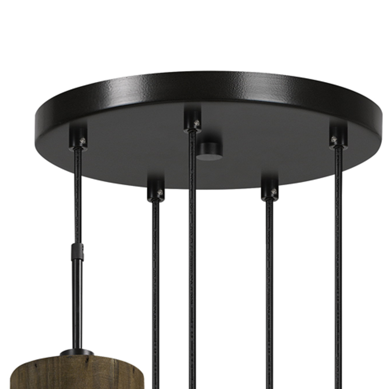 5 Light Metal Frame Pendant Fixture With Wooden And Glass Shades, Brown- Saltoro Sherpi
