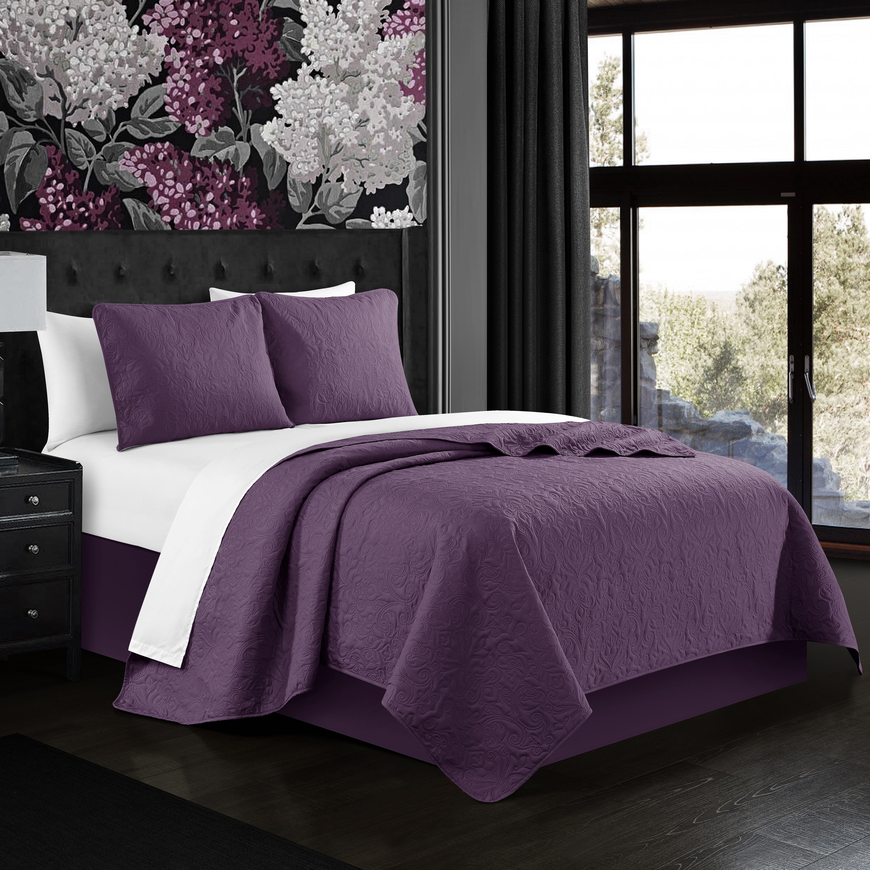 Milli 3 Or 2 Piece Quilt Set Floral Scroll Pattern Design Bedding - Purple, Queen - 3 Piece