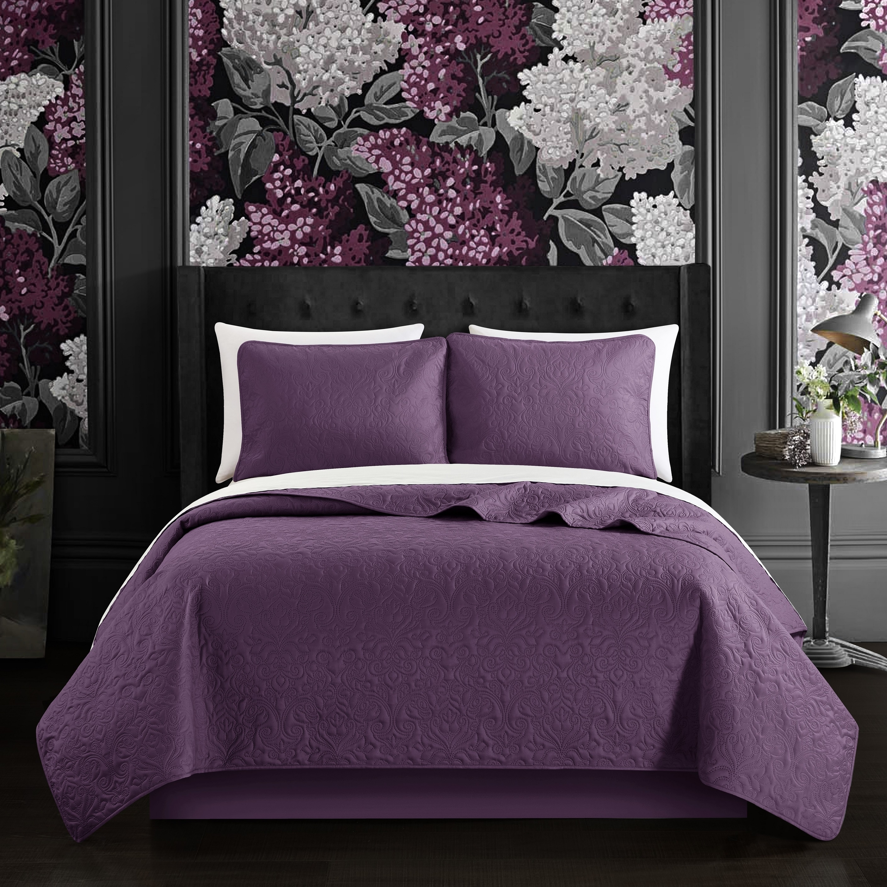 Milli 3 Or 2 Piece Quilt Set Floral Scroll Pattern Design Bedding - Purple, Twin - 2 Piece