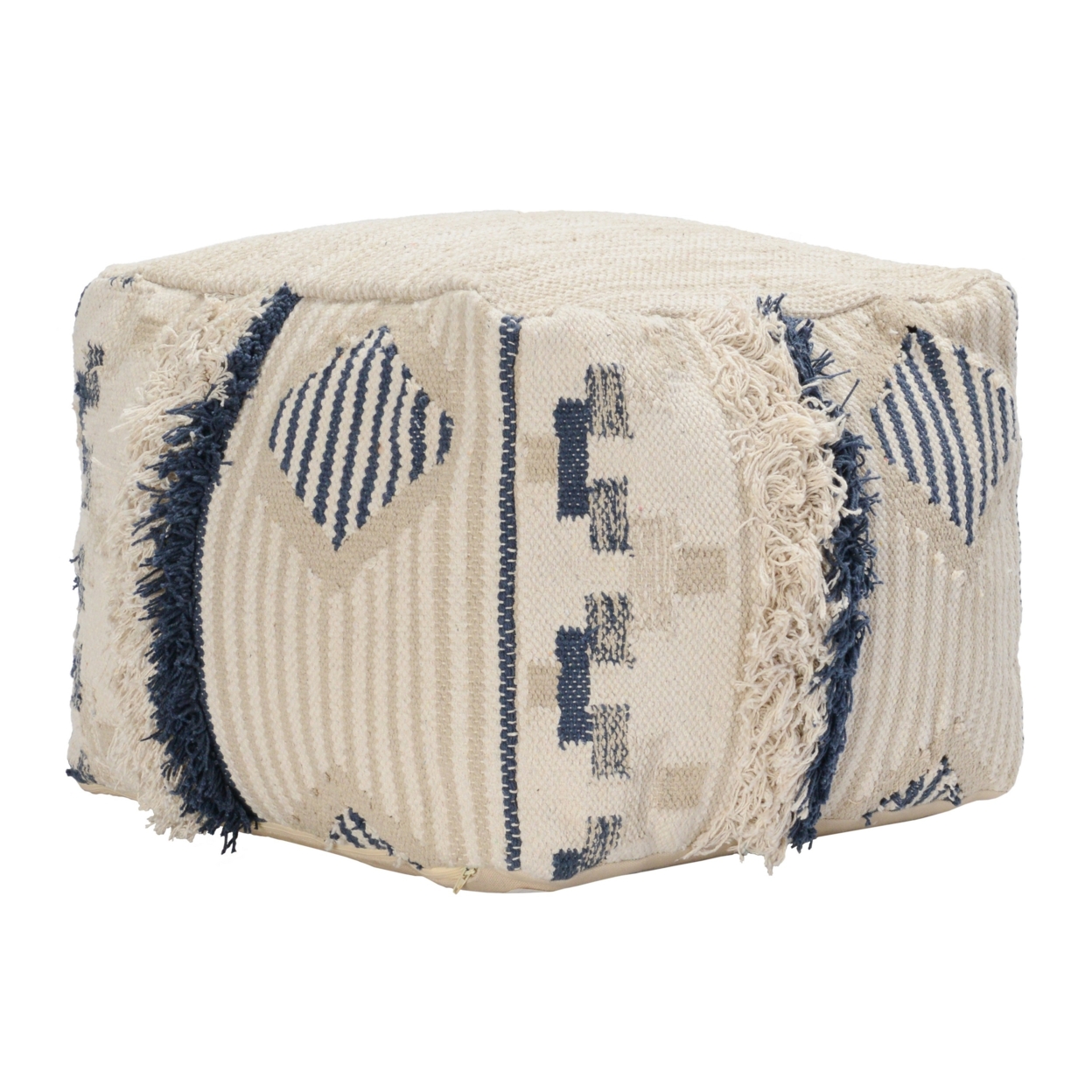 Fabric Pouf Ottoman With Woven Design And Fringe Details, Cream And Blue- Saltoro Sherpi