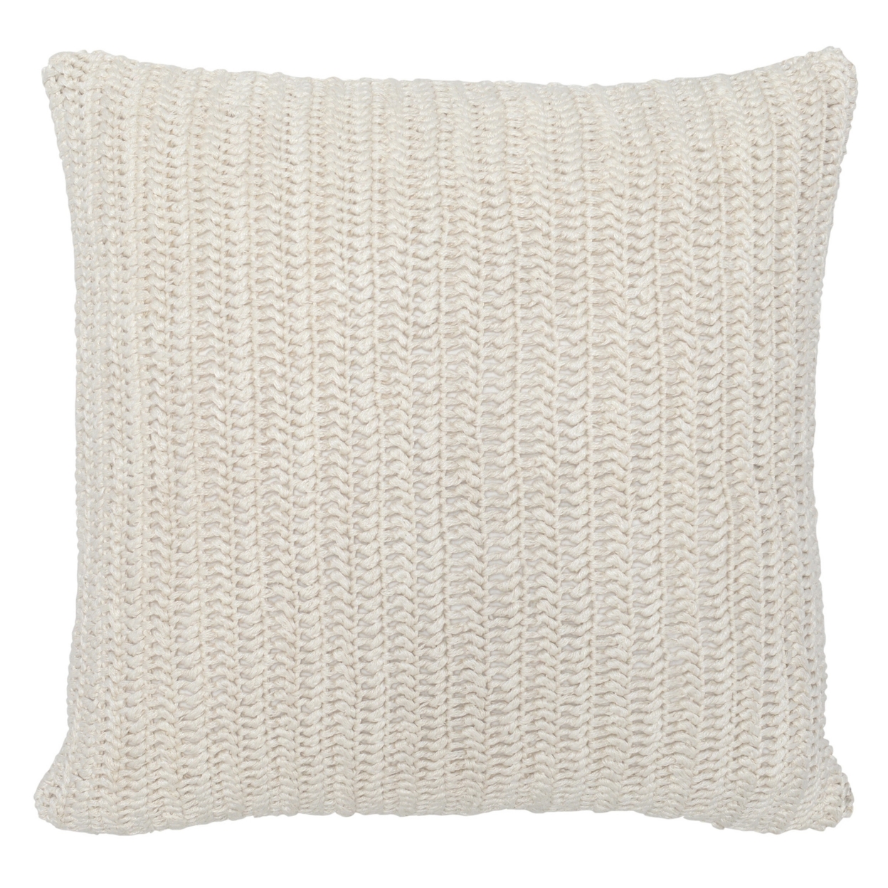 Square Fabric Throw Pillow With Hand Knit Details And Knife Edges, White- Saltoro Sherpi