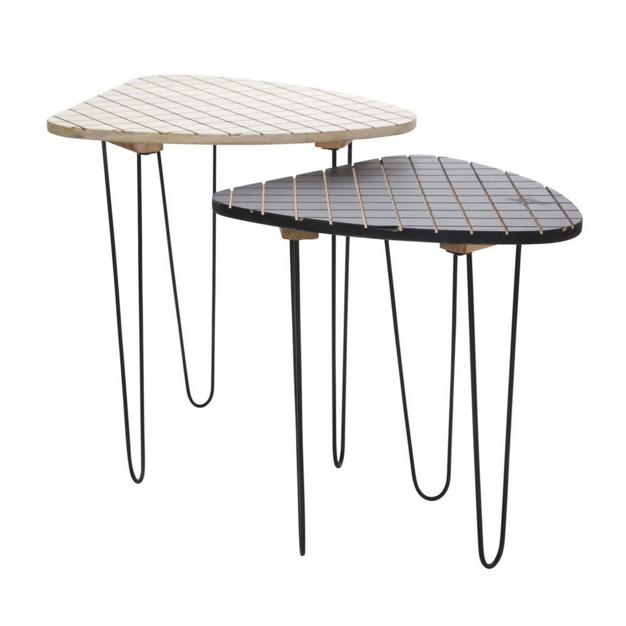 Checkered Wood Top Accent Table With Hairpin Legs, Set Of 2,Black And White- Saltoro Sherpi