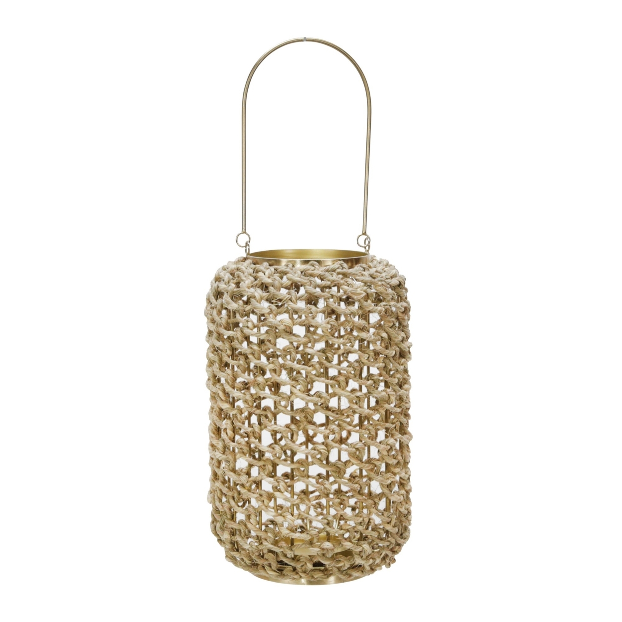 Cylindrical Rattan Lantern With Metal Frame And Handle,Large,Brown And Gold- Saltoro Sherpi