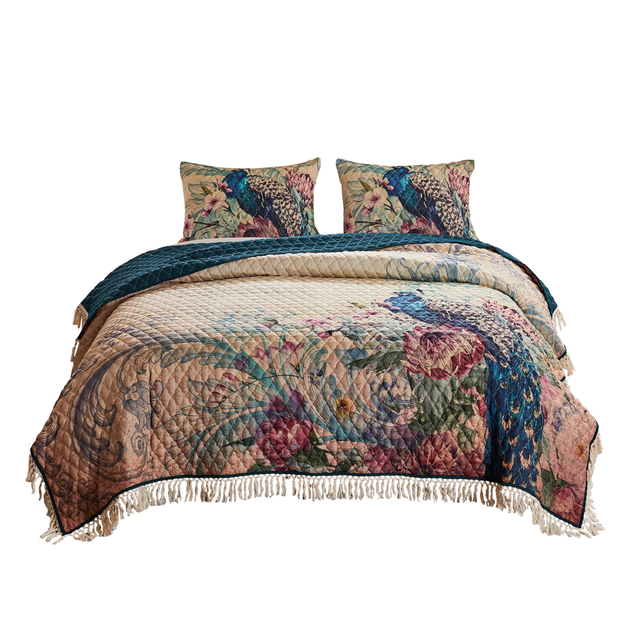 3 Piece Queen Size Quilt Set With Floral Print And Crochet Trim, Multicolor- Saltoro Sherpi