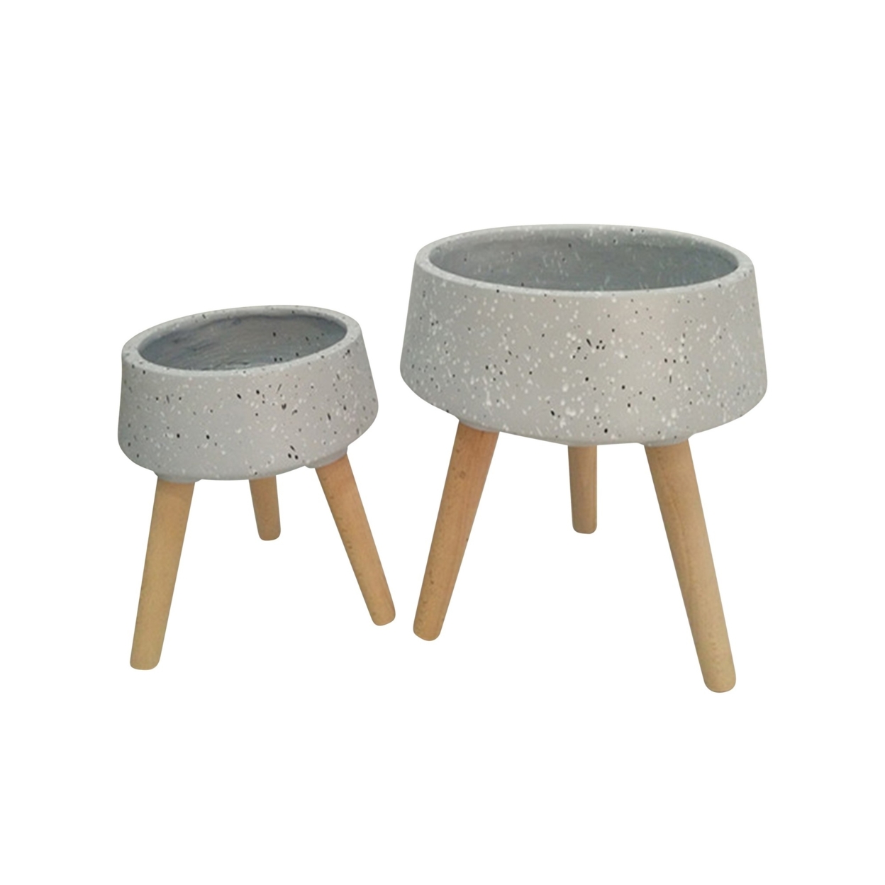 Ceramic Body Planter With Wooden Angled Legs, Set Of Two, Gray And Brown- Saltoro Sherpi