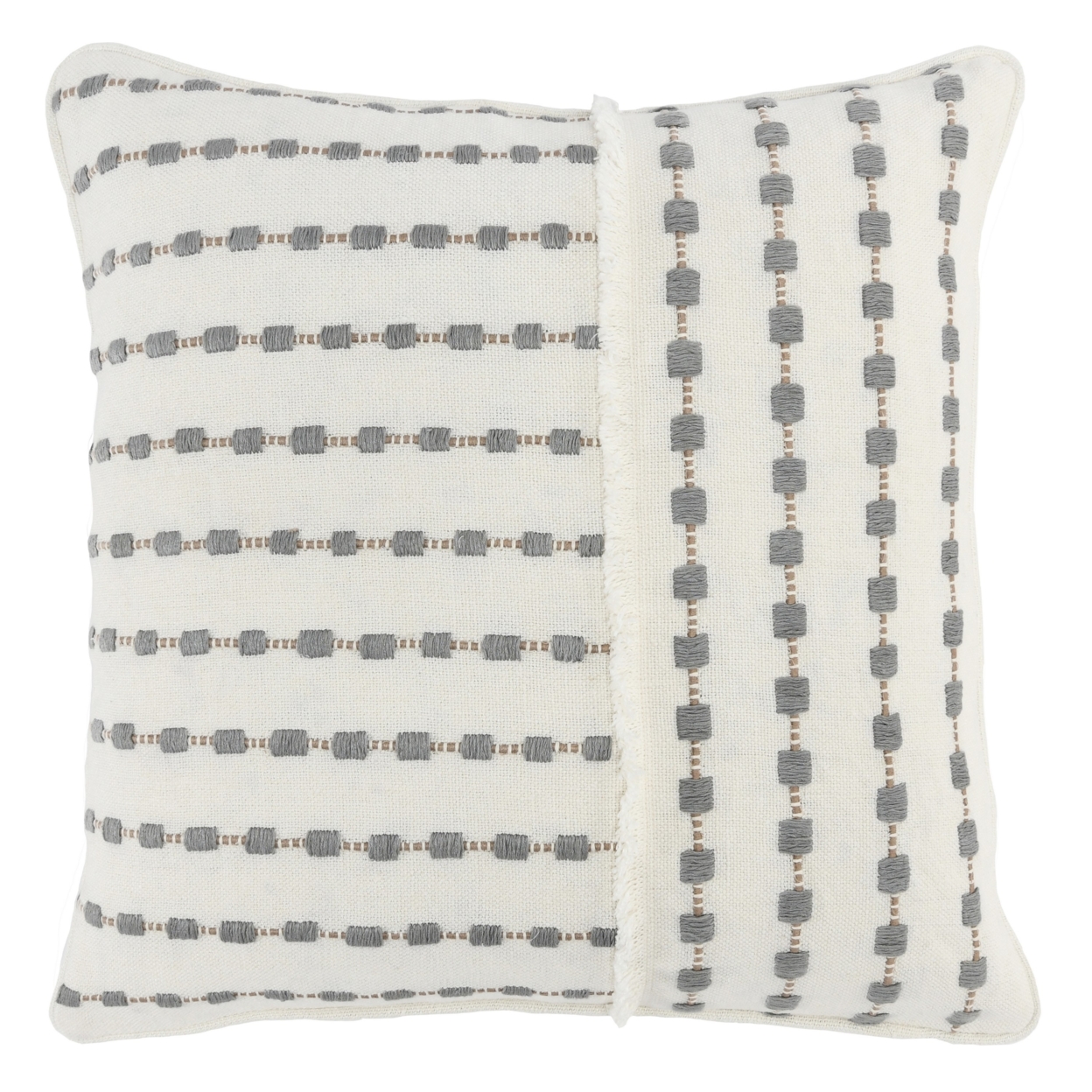 Embroidered Square Fabric Throw Pillow, White And Gray- Saltoro Sherpi