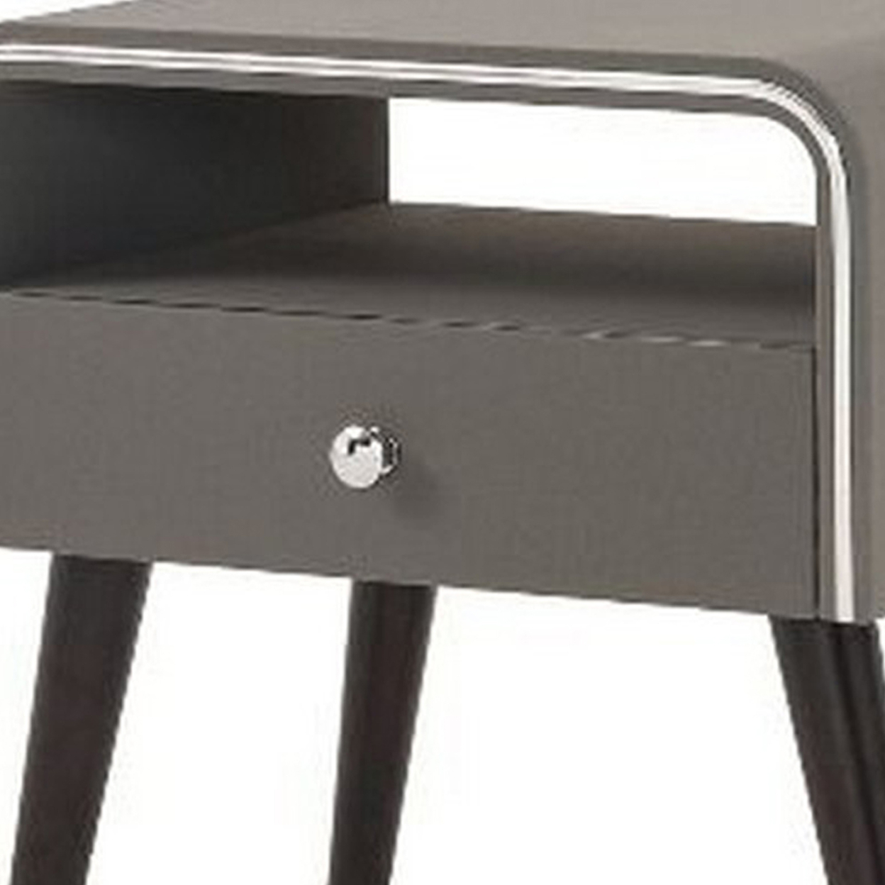 Curved Edge 1 Drawer Nightstand With Chrome Trim, Gray And Brown- Saltoro Sherpi