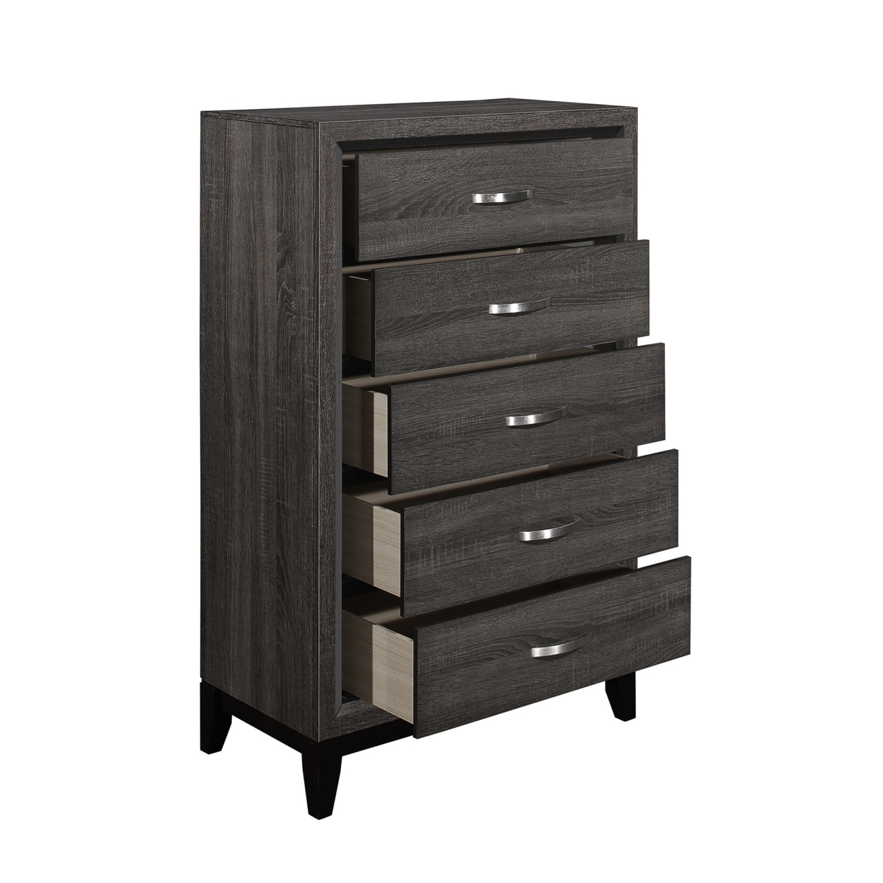 5 Drawer Wooden Chest With Grain Details And Chamfered Feet, Gray- Saltoro Sherpi