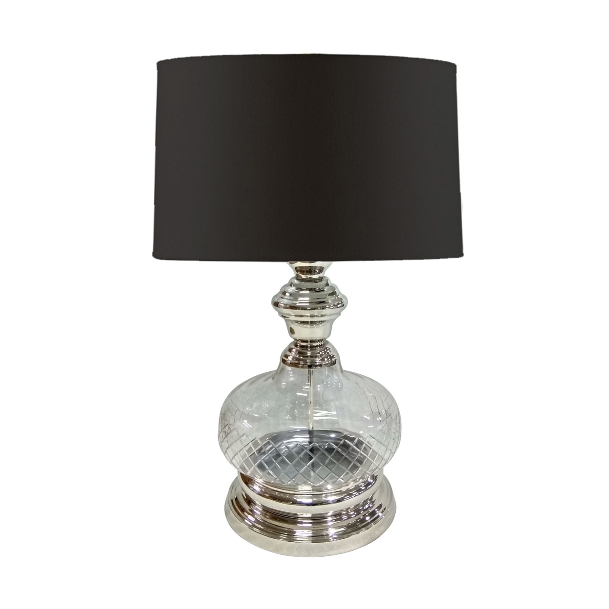Pot Bellied Shape Glass Table Lamp with Metal Tier Base, Clear and Black- Saltoro Sherpi