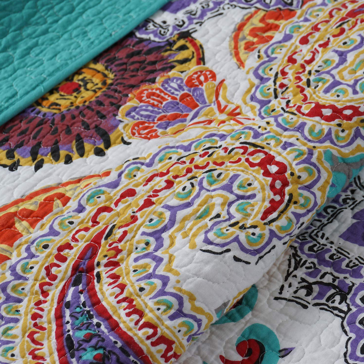 3 Piece King Size Cotton Quilt Set With Paisley Print, Teal Blue- Saltoro Sherpi